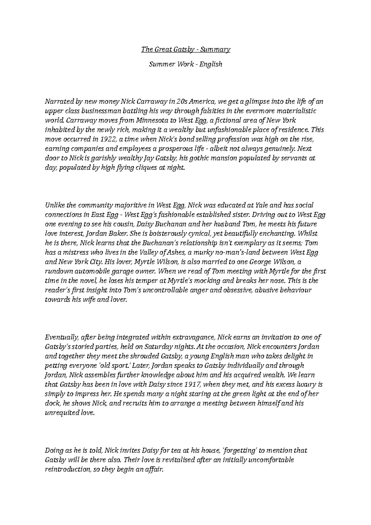 TGG Summary The Great Gatsby Summary Summer Work English Narrated by new money Nick