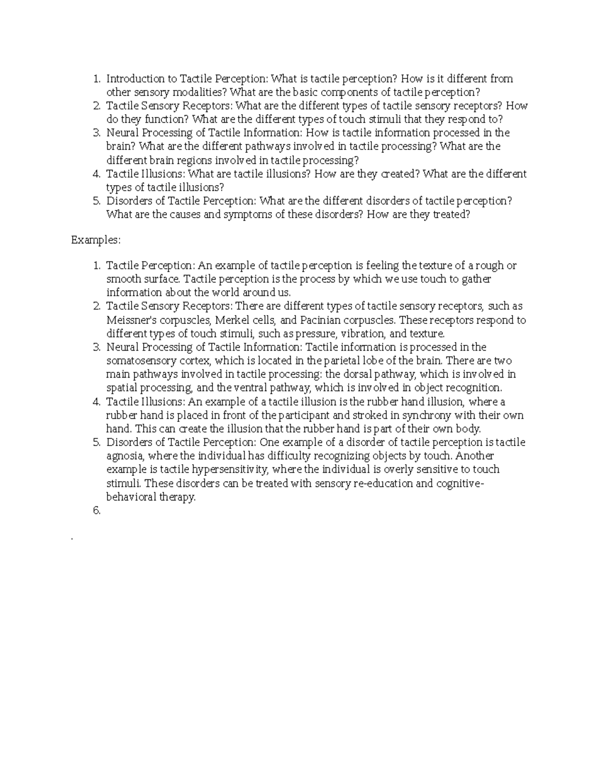 Tactile Perception - Notes for PSYC 1650 BIOLOGICAL PSYCHOLOGY for Dr ...