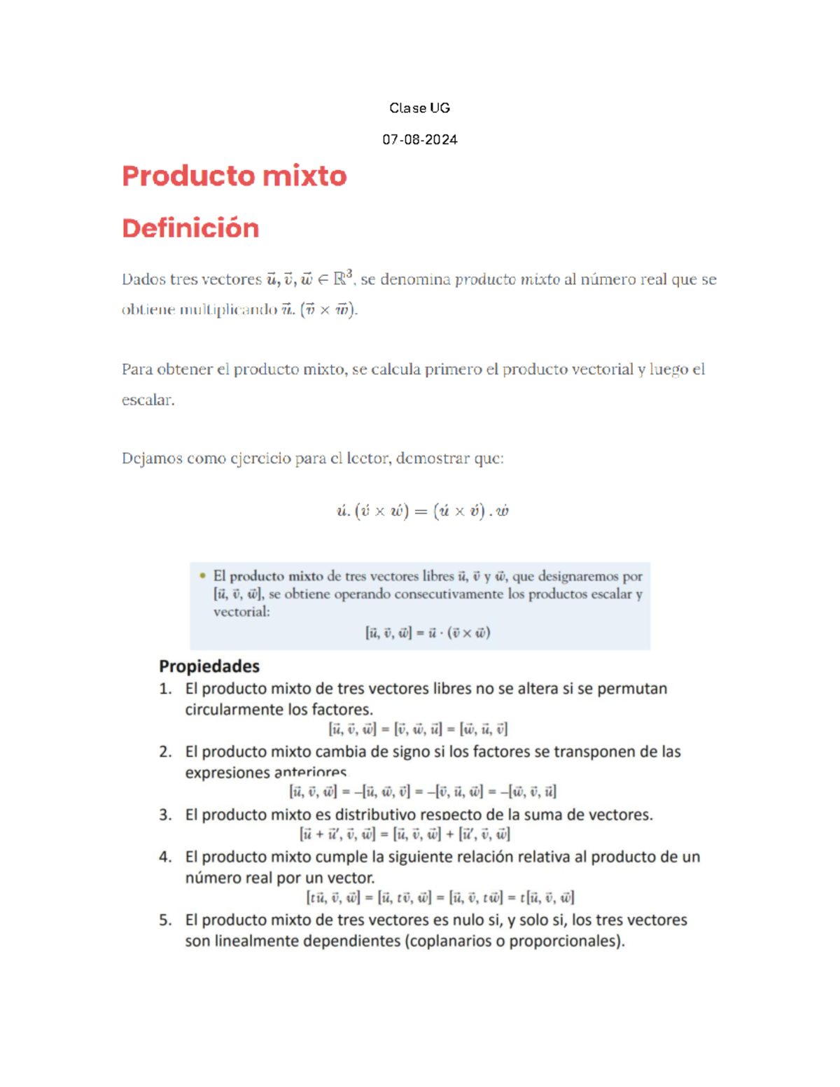 Clase De Matemáticas - Clase UG Producto Mixto Definición Dados Tres ...