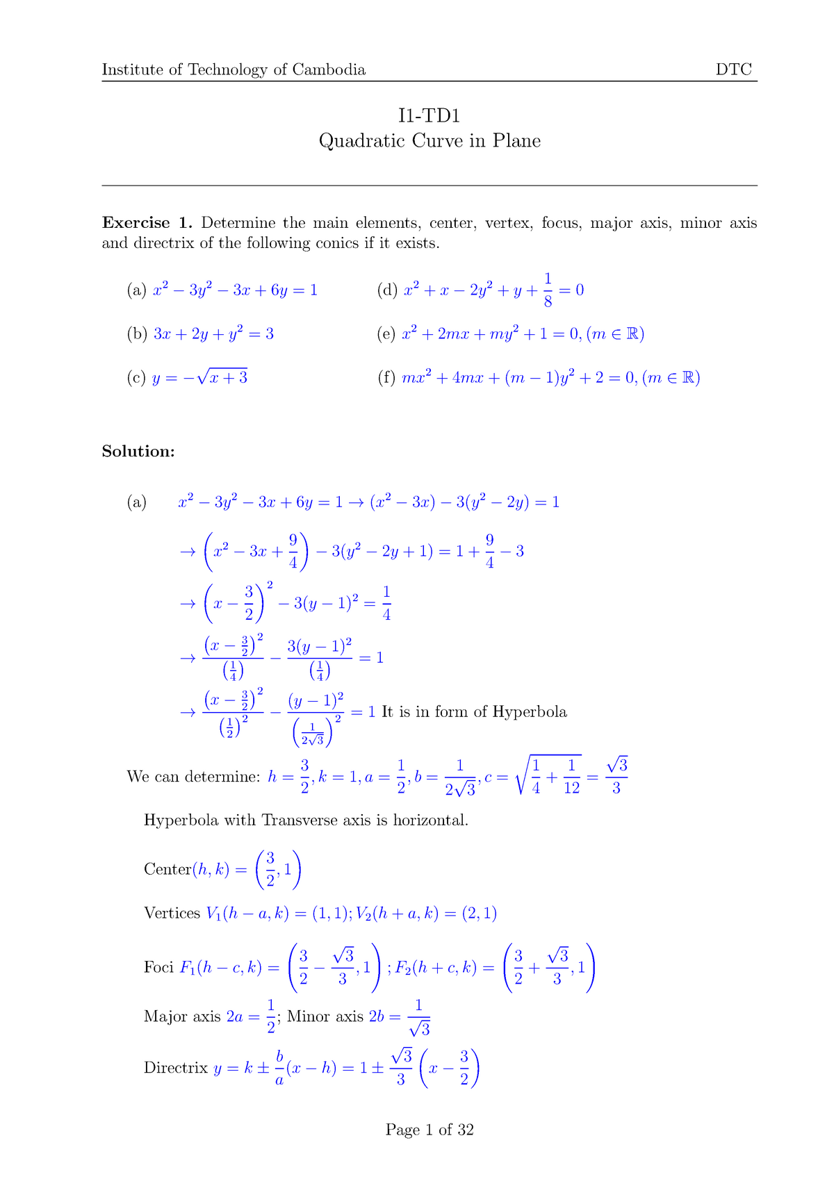 Calculus 2 TD1 Solution - I1-TD Quadratic Curve in Plane Exercise 1 ...