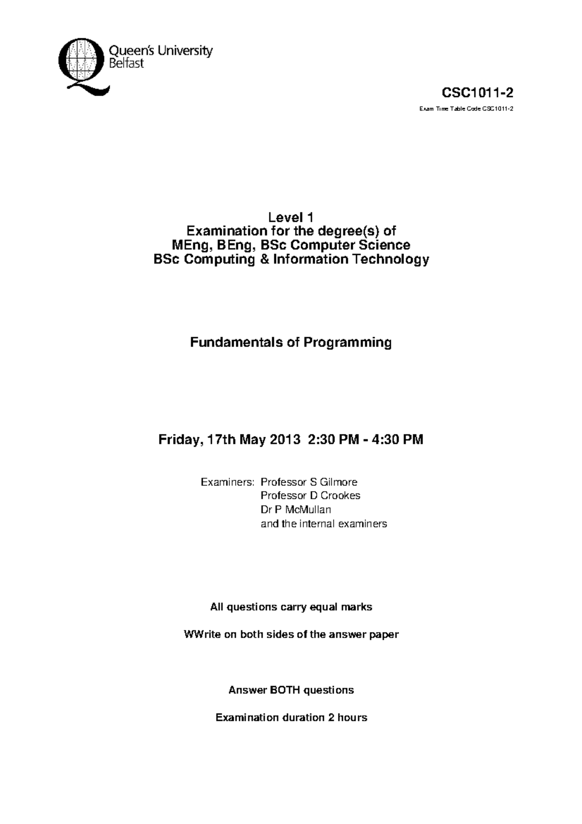 Fundamentals of programming past paper - CSC1011- Exam Time Table Code ...