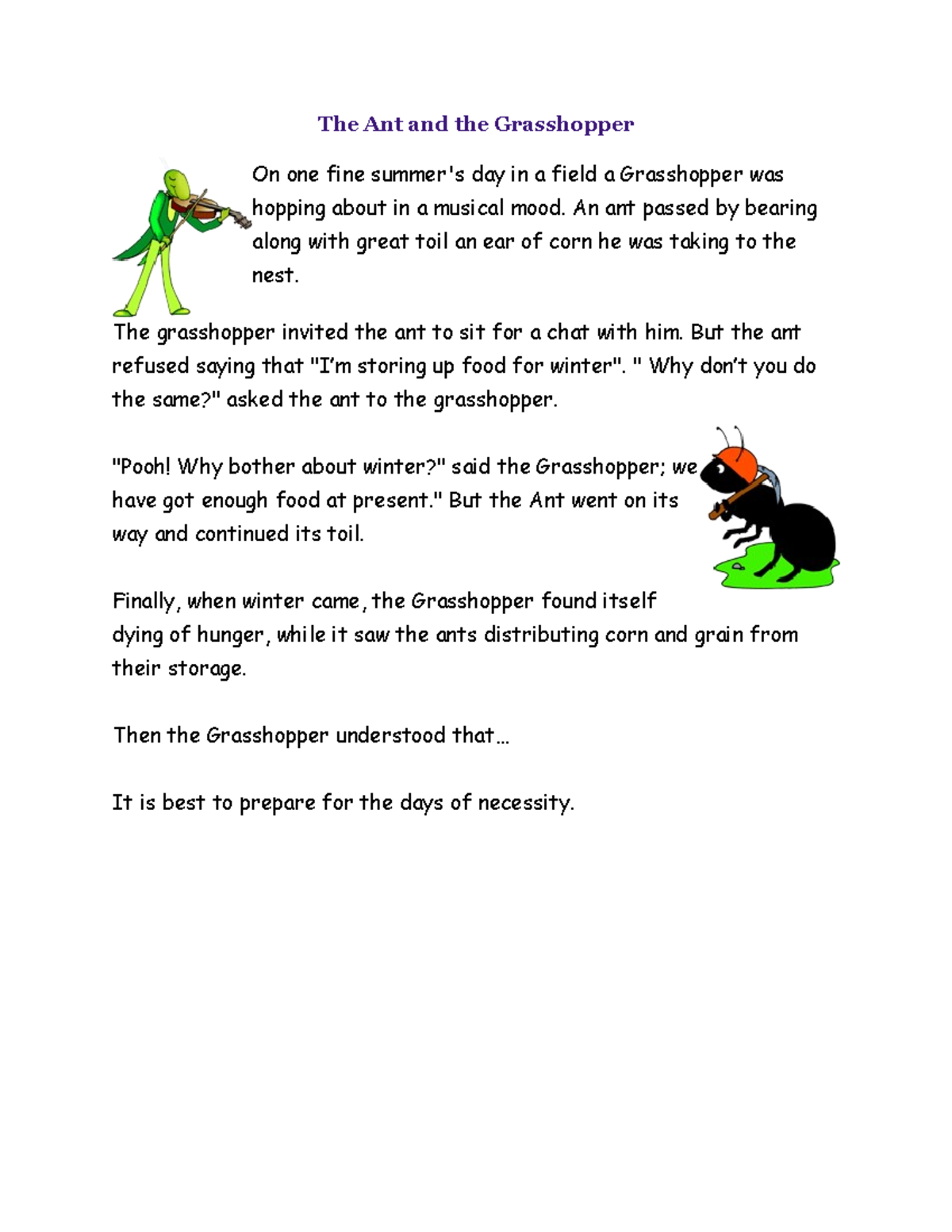 Fables - READING MATERIALS - The Ant and the Grasshopper On one fine ...