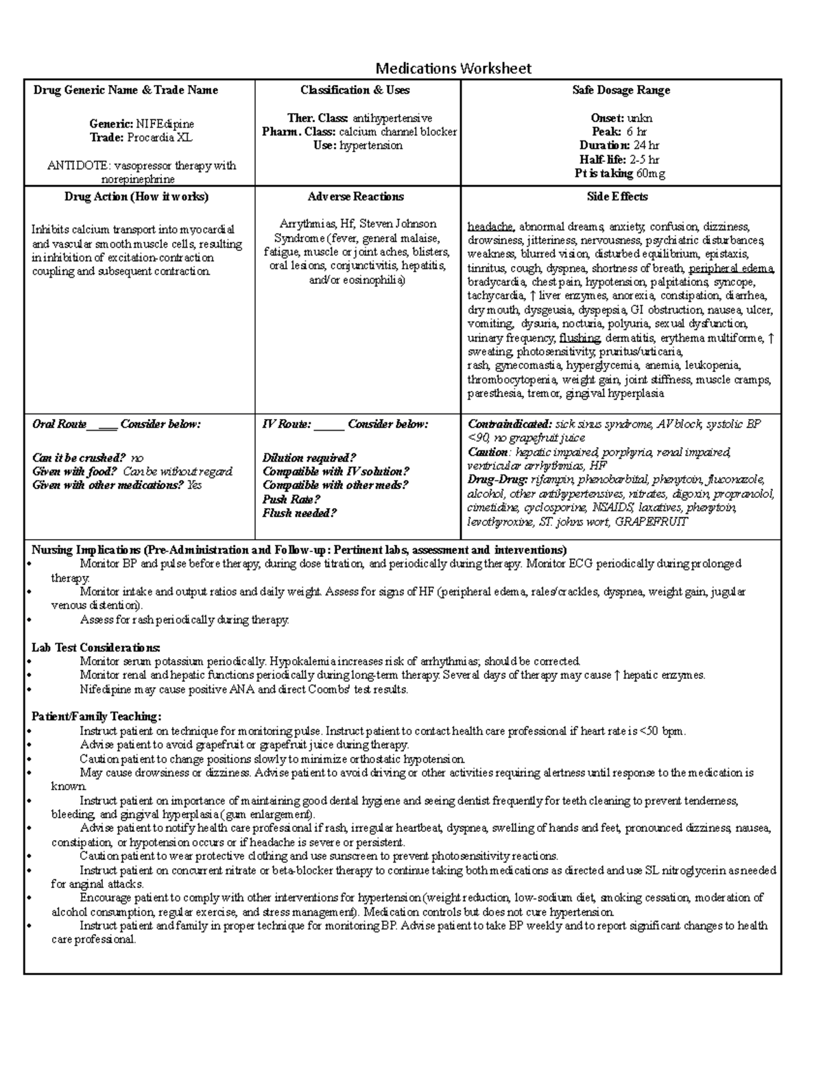 NIFEdipine (Procardia) - Medications Worksheet Drug Generic Name ...