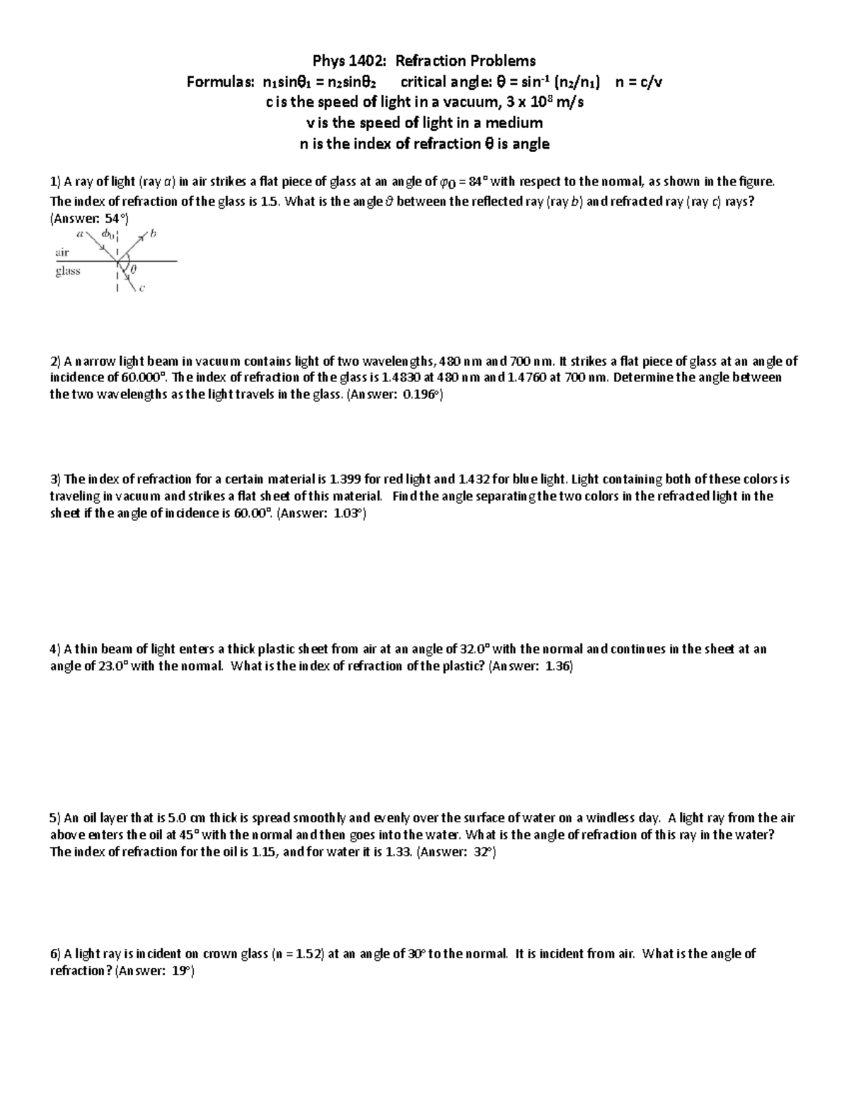 Phys 1402 Refraction Problems - Phys 1402: Refraction Problems Formulas ...
