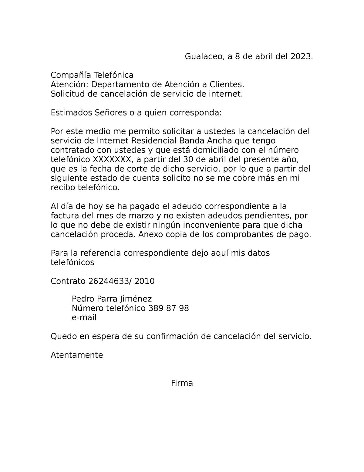 Carta Cancelacion De Servicios Gualaceo A 8 De Abril Del 2023 Compañía Telefónica Atención 4373