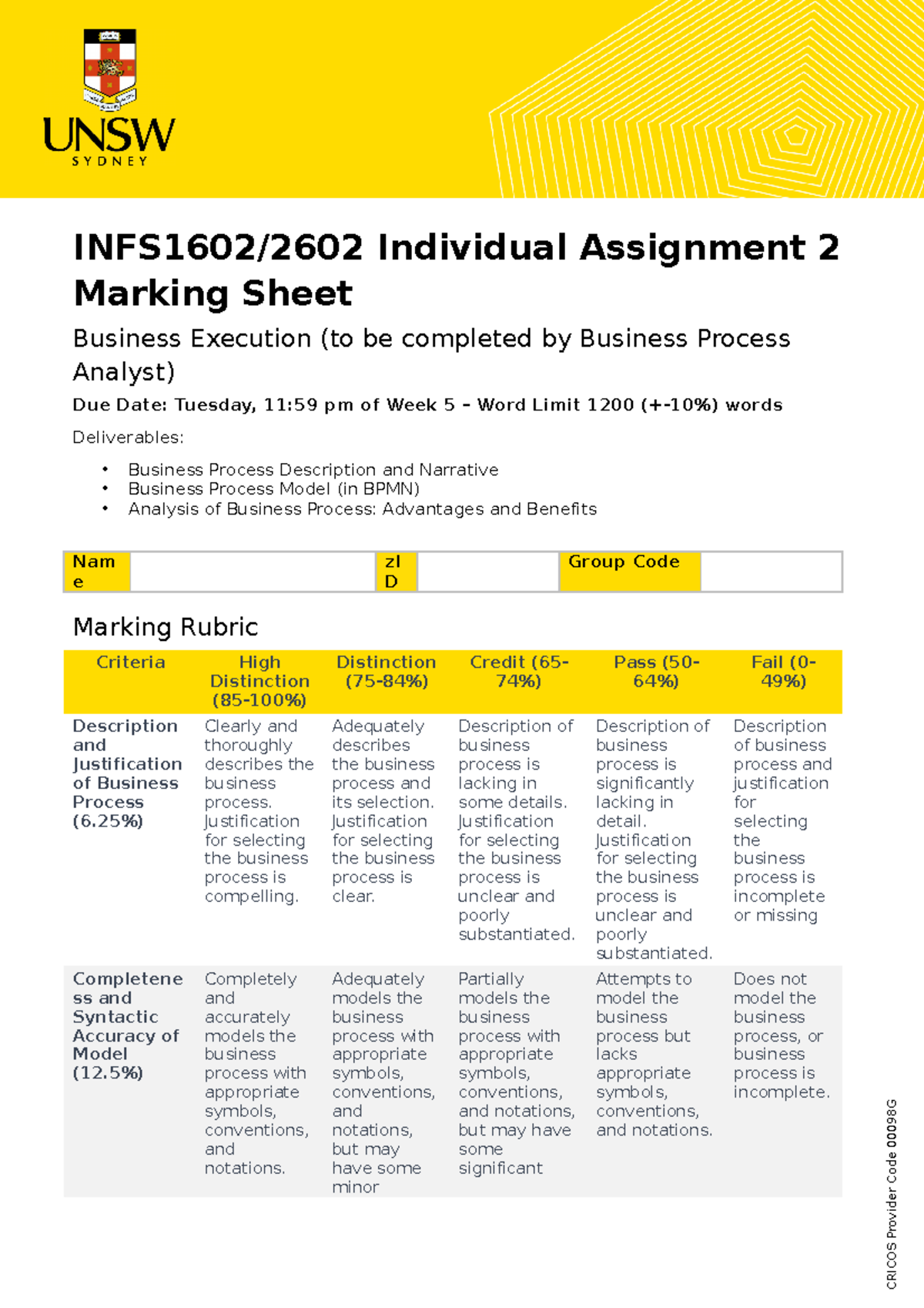INFS1602-2602 Individual Assignment 2 Marking Sheet - INFS1602/2602 ...