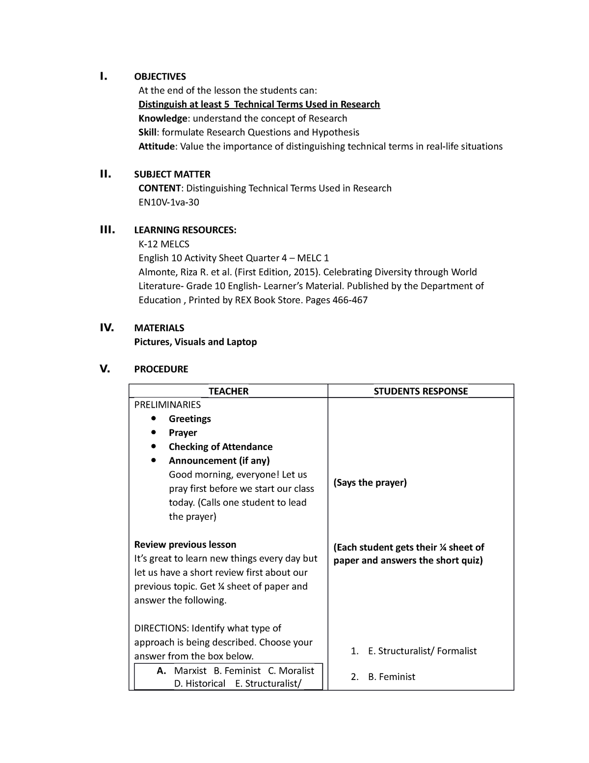 Q4 MELC1 - lesson plan for English 10 - I. OBJECTIVES At the end of the ...