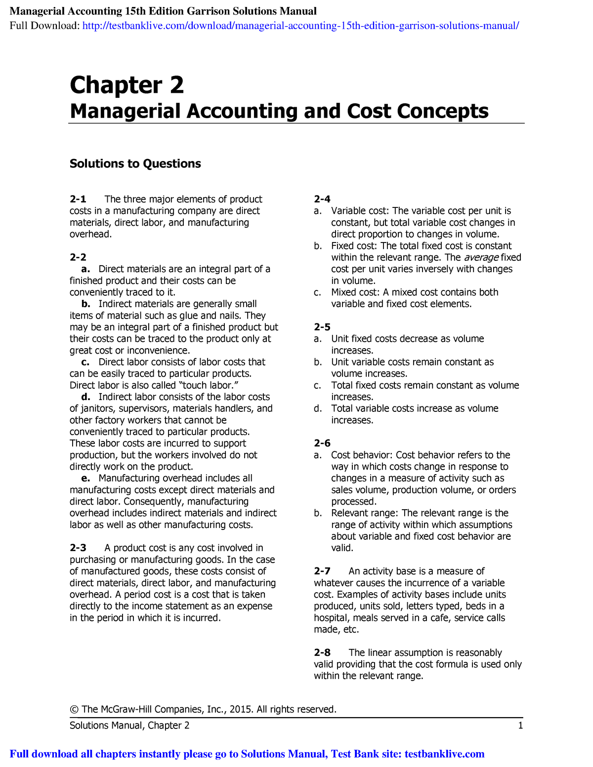 Managerial Accounting 15th Edition Garrison Solutions Manual - © The ...