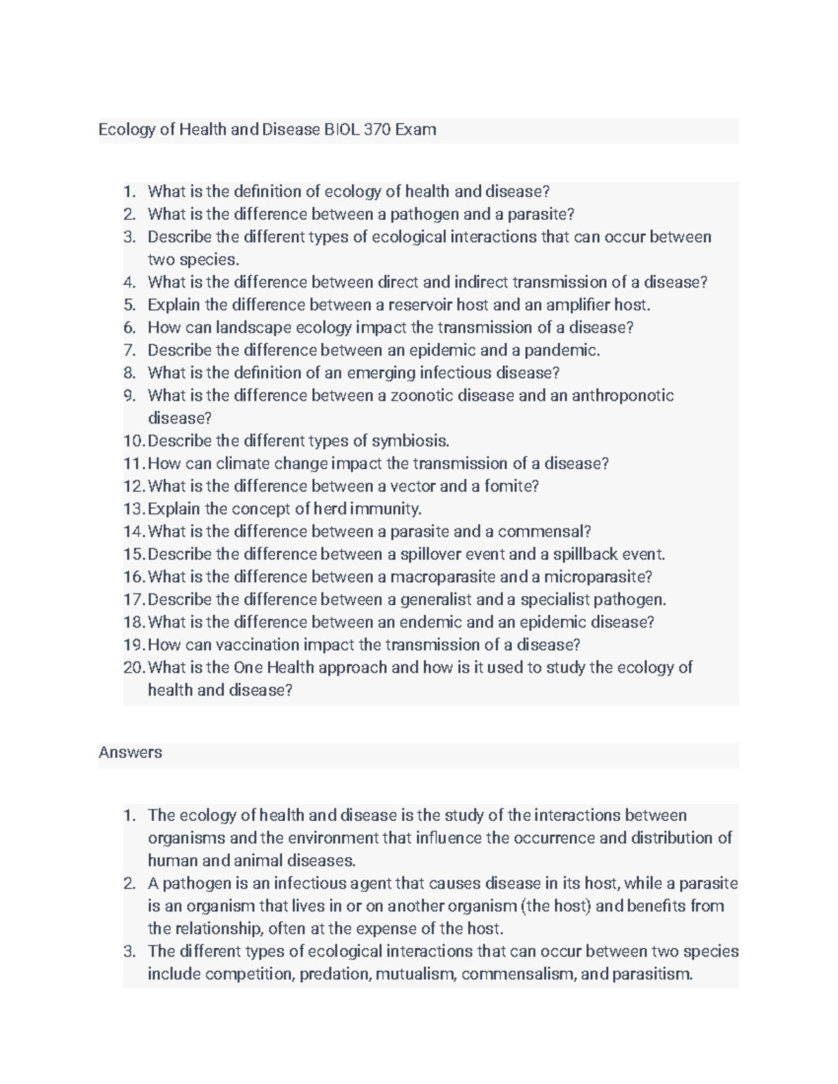 Ecology of Health and Disease BIOL 370 Exam Answers - Ecology of Health ...