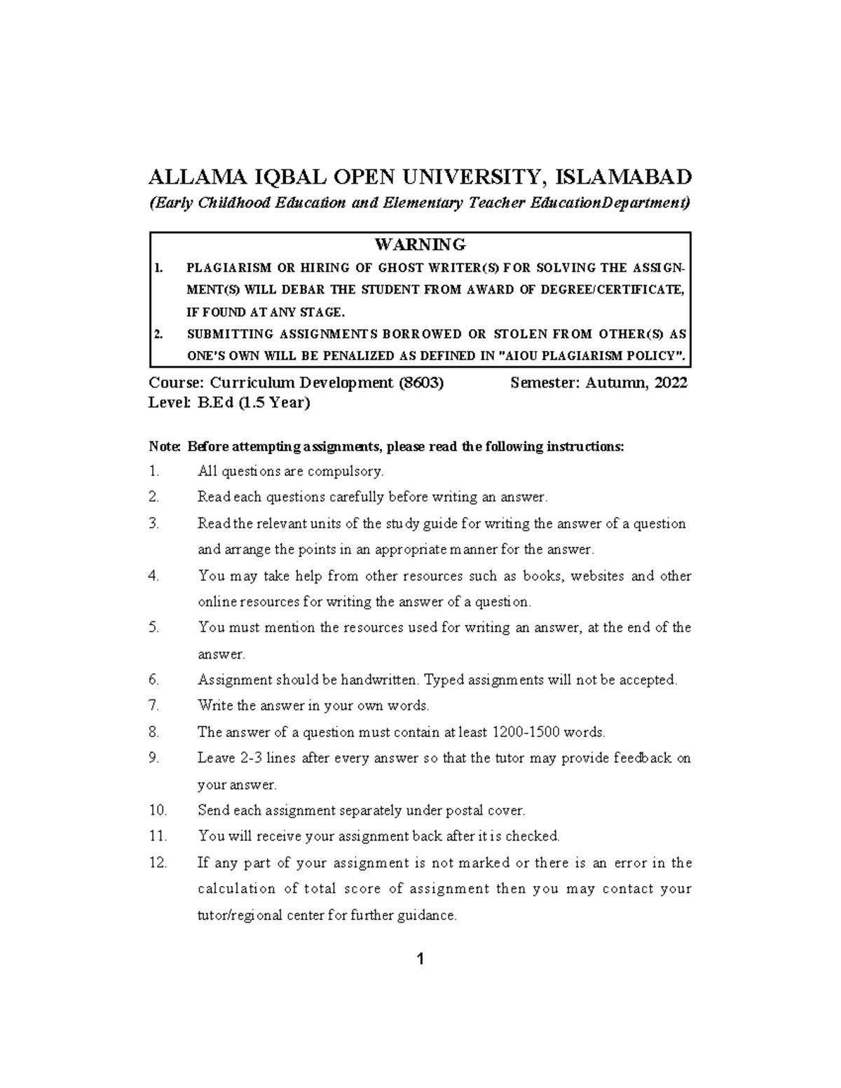 Null note ALLAMA IQBAL OPEN UNIVERSITY, ISLAMABAD (Early Childhood