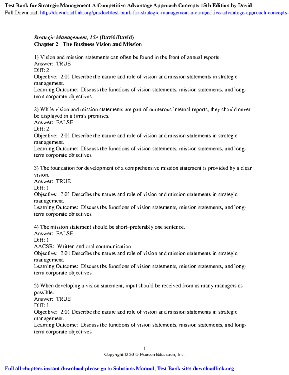 Test bank for strategic management a competitive advantage approach ...