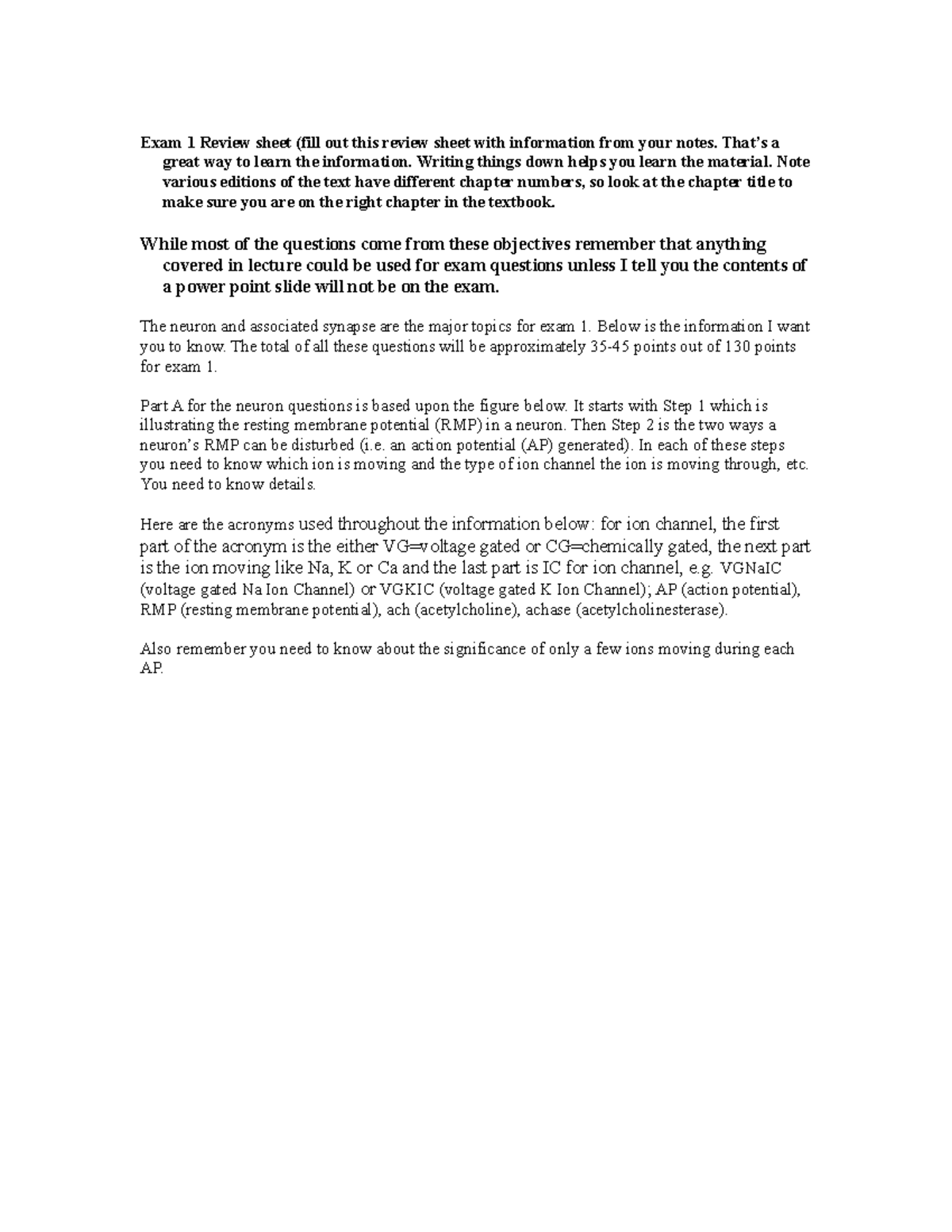 Exam 1 Review Sheet - The Action Potential - Exam 1 Review sheet (fill ...
