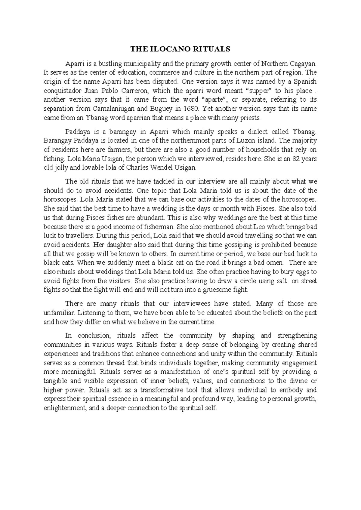 Rituals final paper - THE ILOCANO RITUALS Aparri is a bustling ...