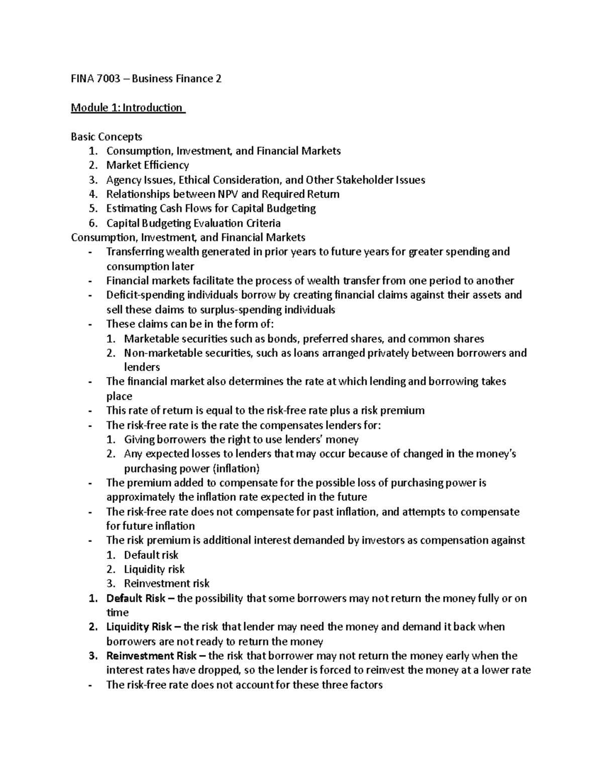 FINA 7003 - Module 1 Notes - FINA 7003 – Business Finance 2 Module 1 ...