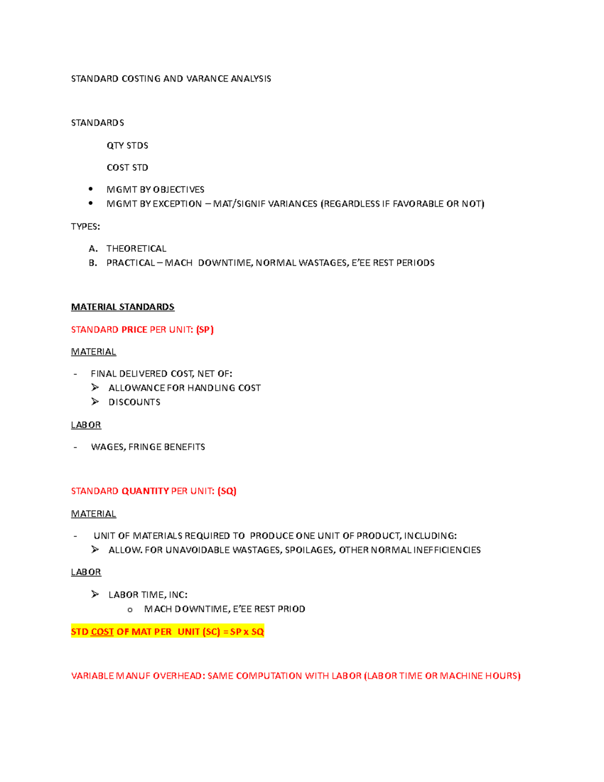 Standard Costing AND Variance Analysis - STANDARD COSTING AND VARANCE ...
