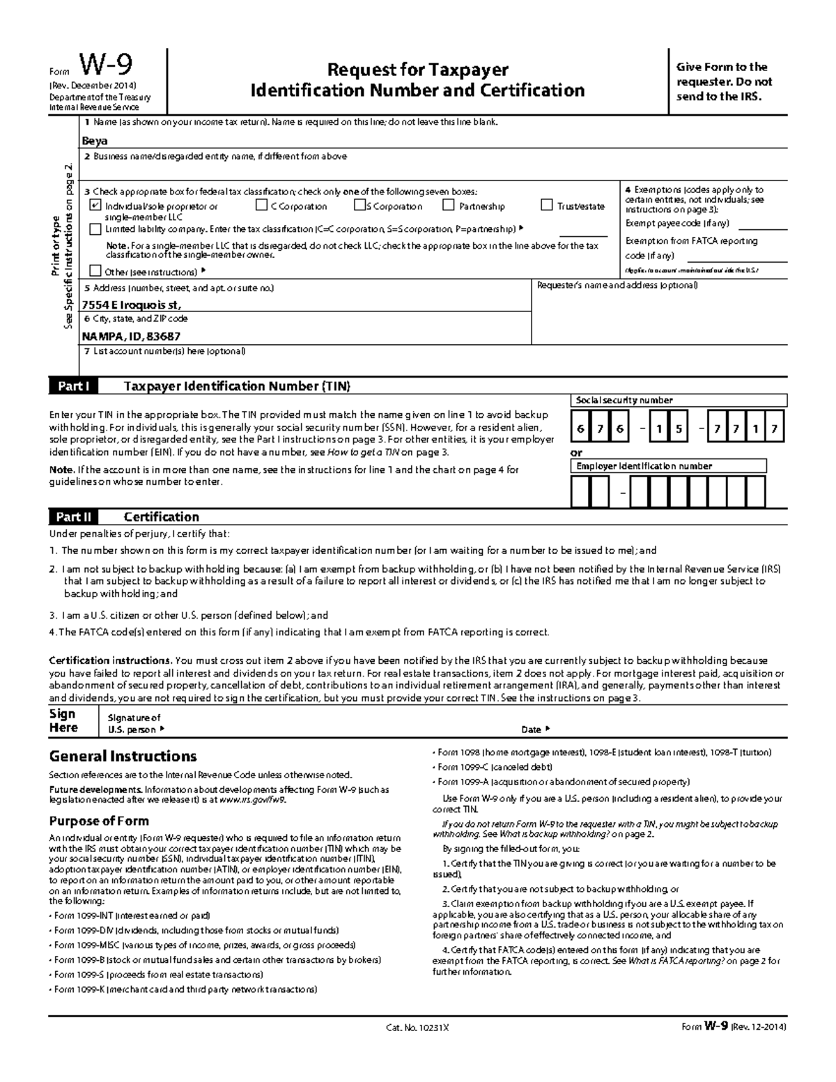 W9 everything needed Form W (Rev. December 2014) Department of the