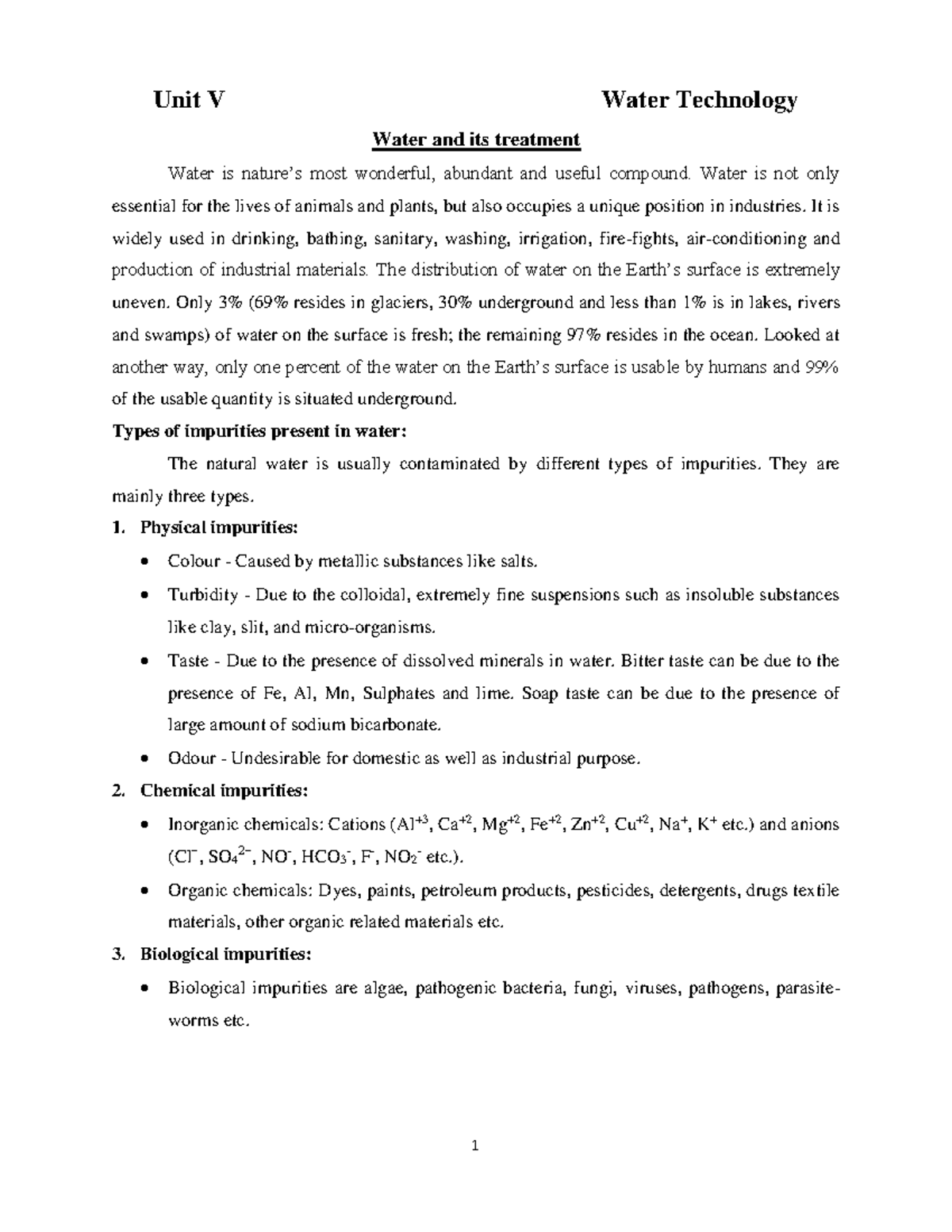 Unit 5 Water Technology Unit V Water Technology Water and its