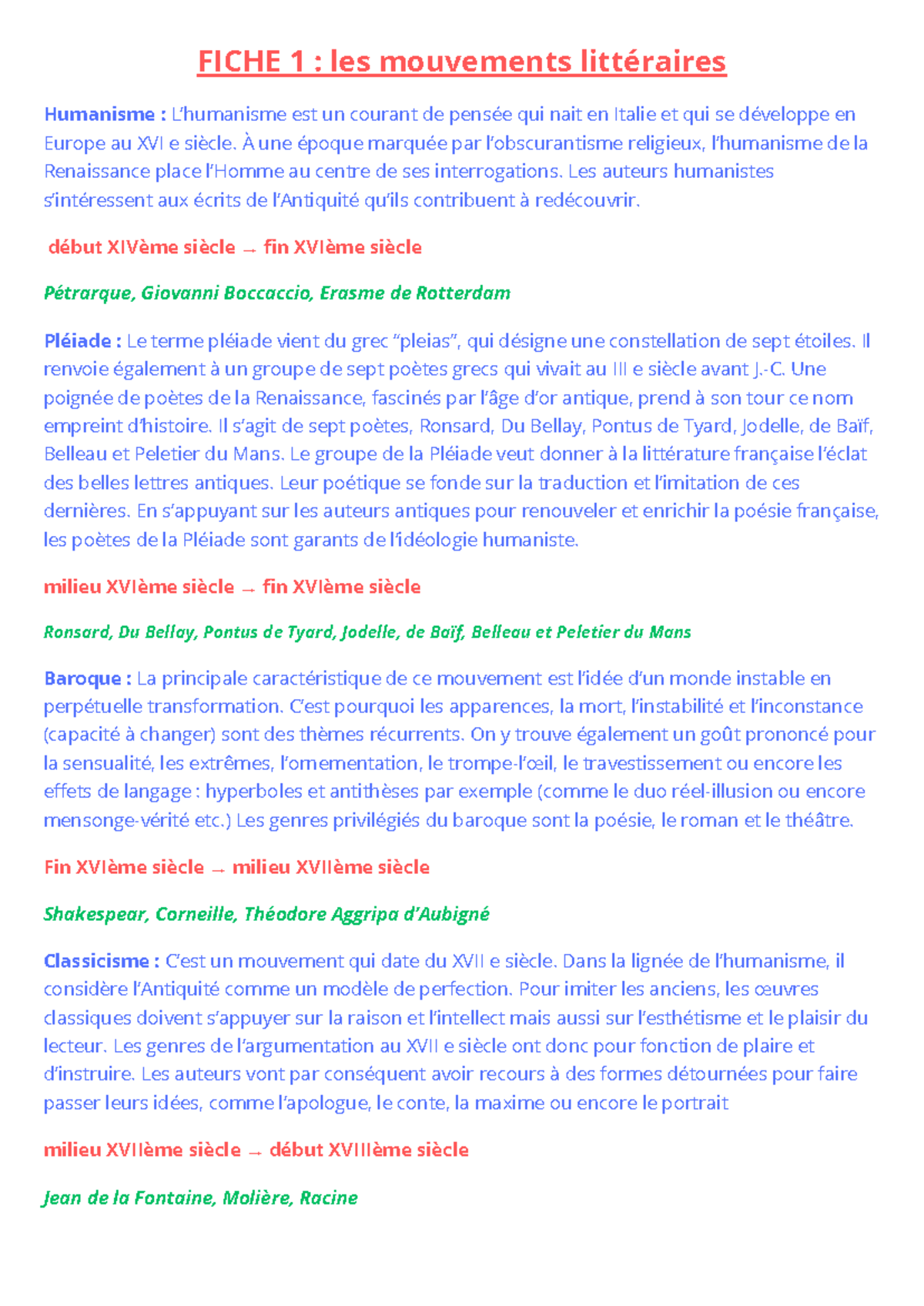 Fiche 1 Les Mouvements Litt raires FICHE 1 Les Mouvements 