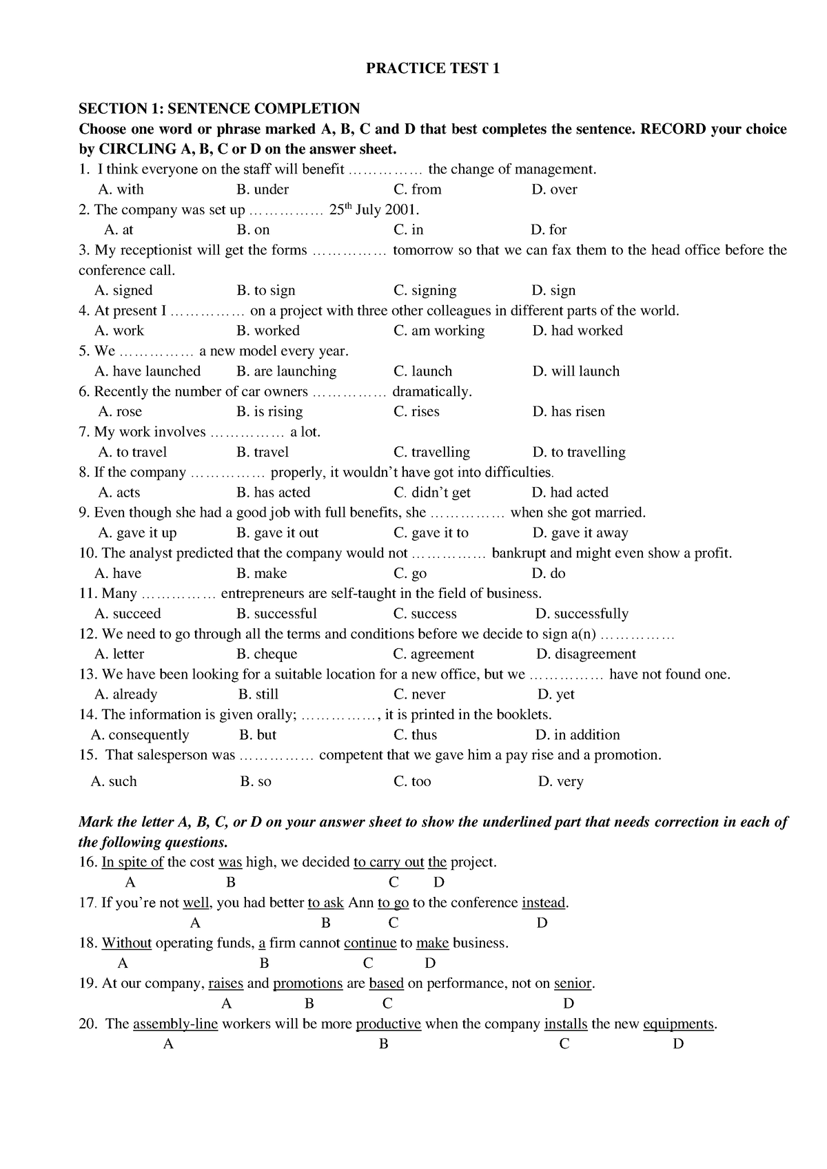 4 Practice Test 1 Test English Practice Test 1 Section 1 Sentence