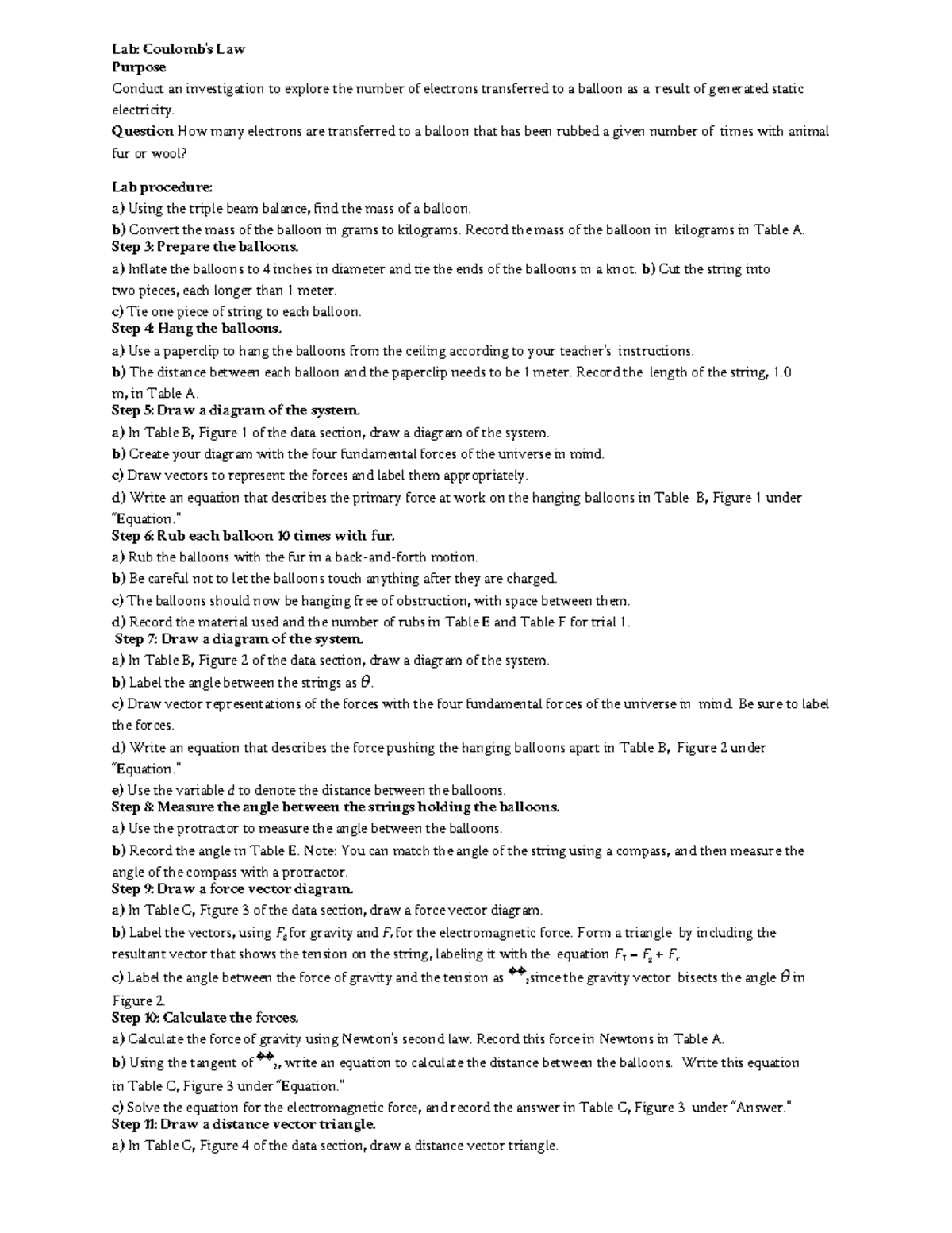 Wet Lab Guide - Coulomb's Law - Student - Lab: Coulomb’s Law Purpose ...