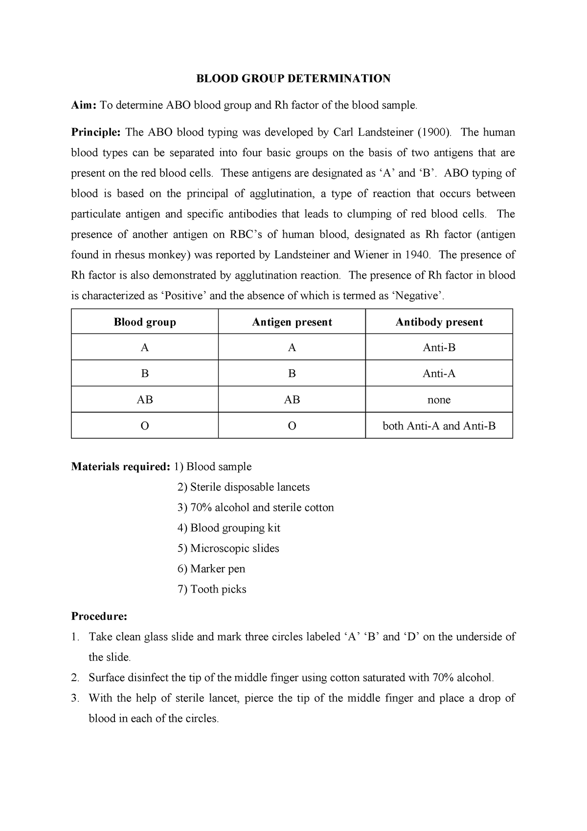 Blood Group Determination - BLOOD GROUP DETERMINATION Aim: To Determine ...