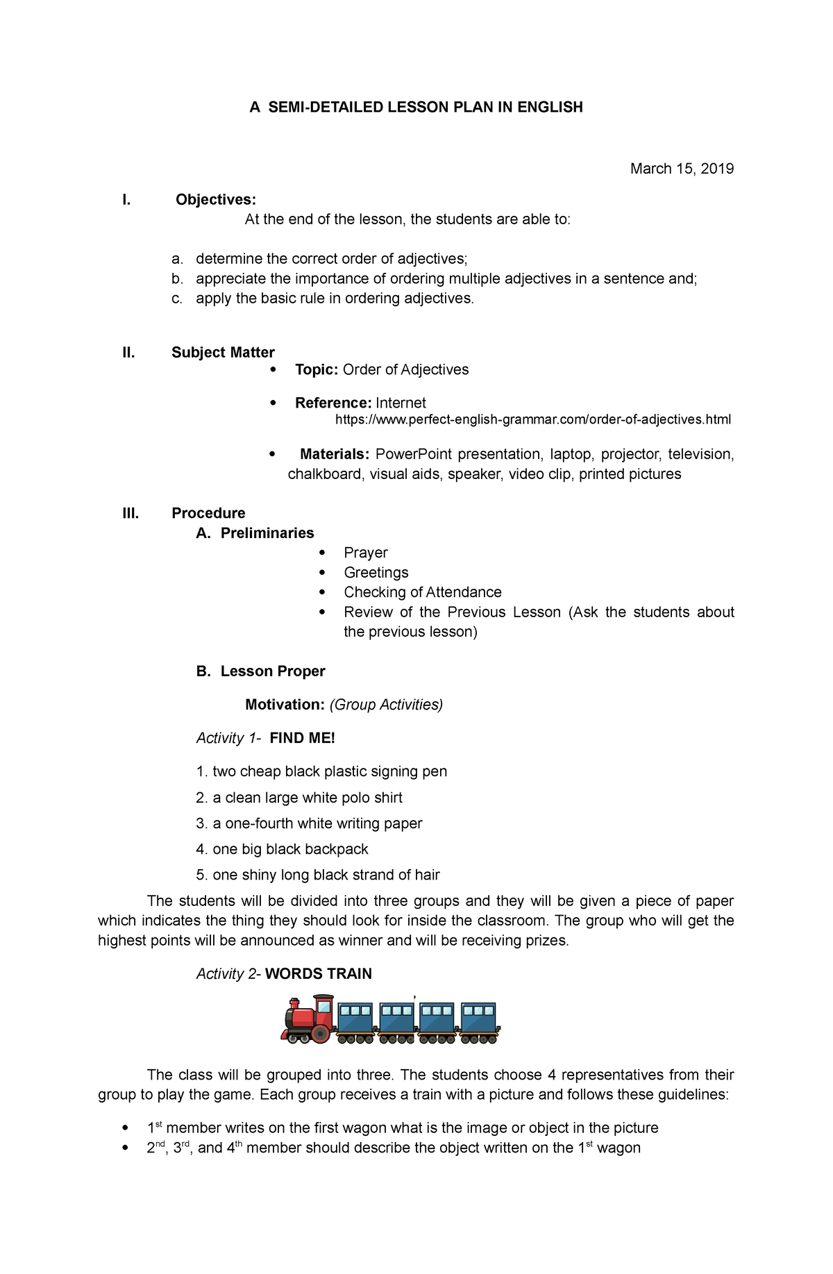 Adjectives Lp A Semi Detailed Lesson Plan In English March 15 2019 I Objectives At The End 2462