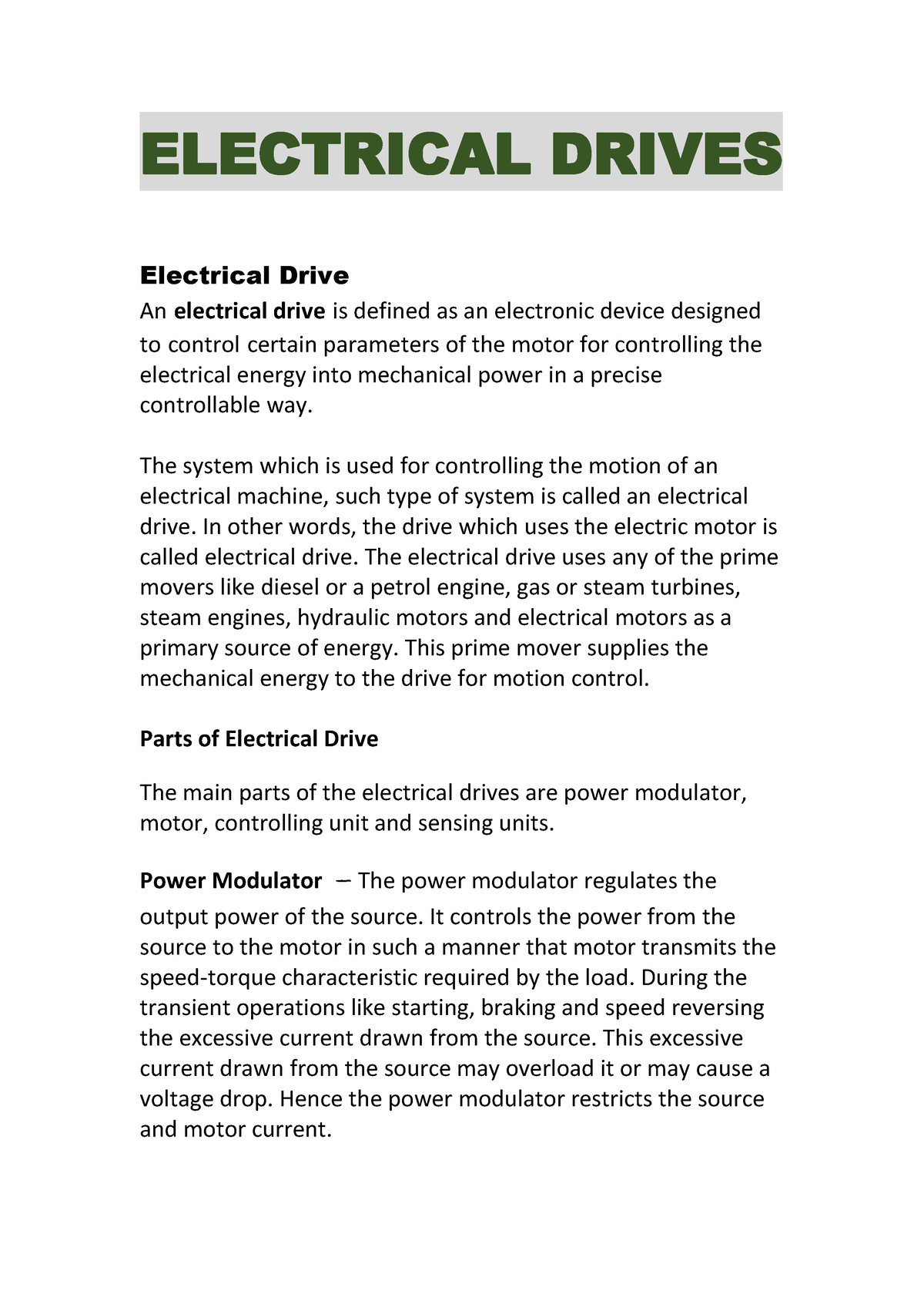 Electric Drive Lecture Notes ELECTRICAL DRIVES Electrical Drive An