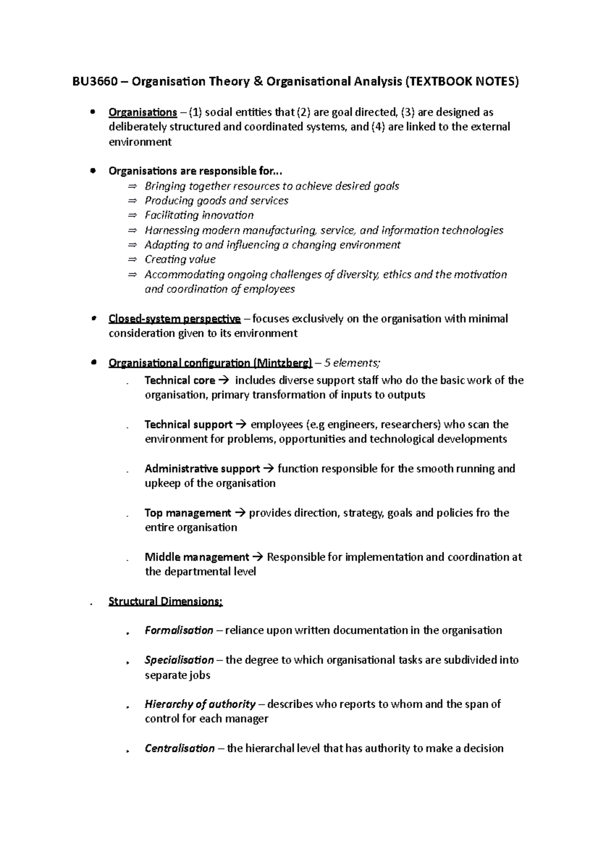 BU3660 - Organisation Theory & Organisational Analysis ( Textbook Notes ...