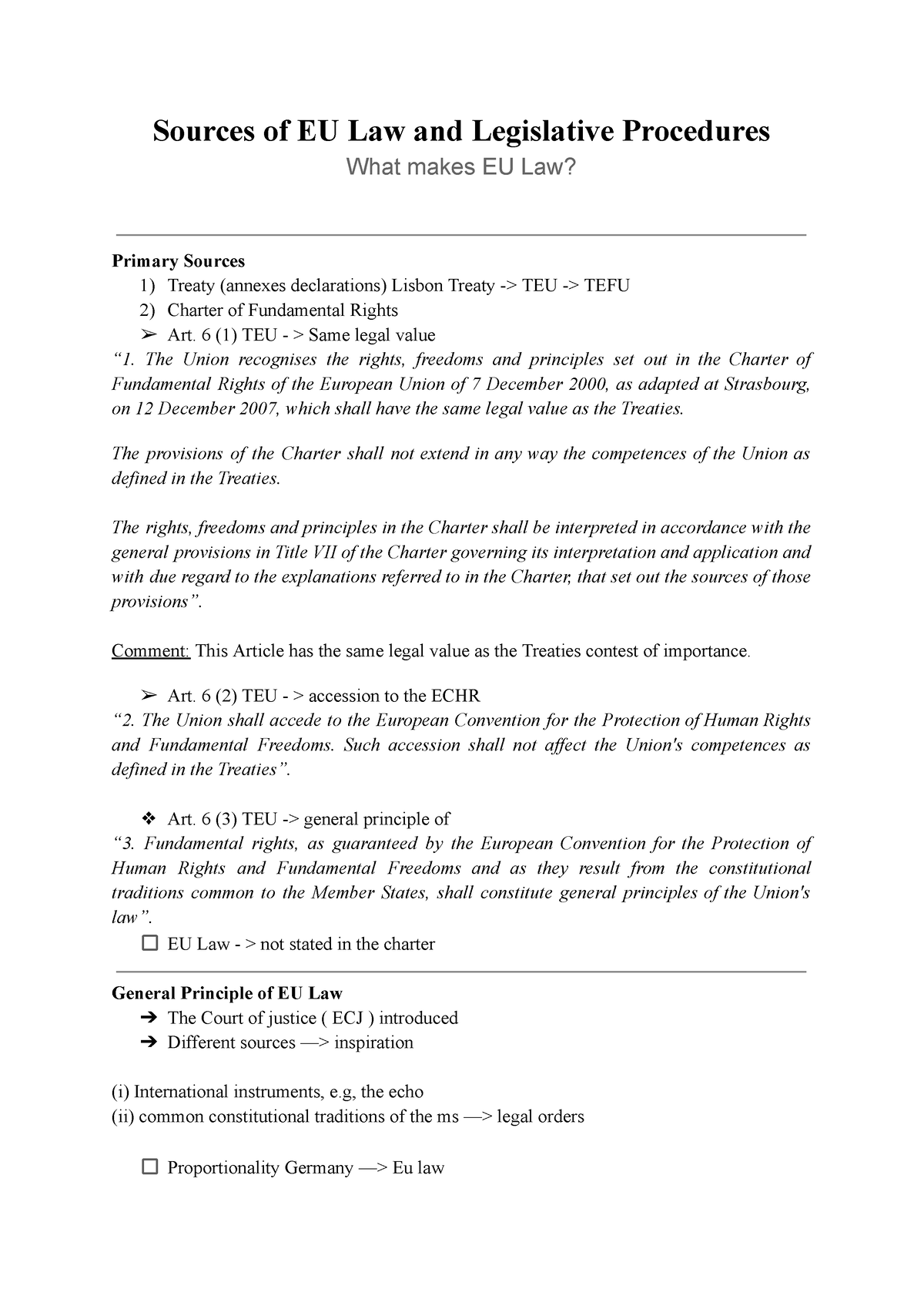 Sources Of EU Law And Legislative Procedures - 6 (1) TEU - > Same Legal ...