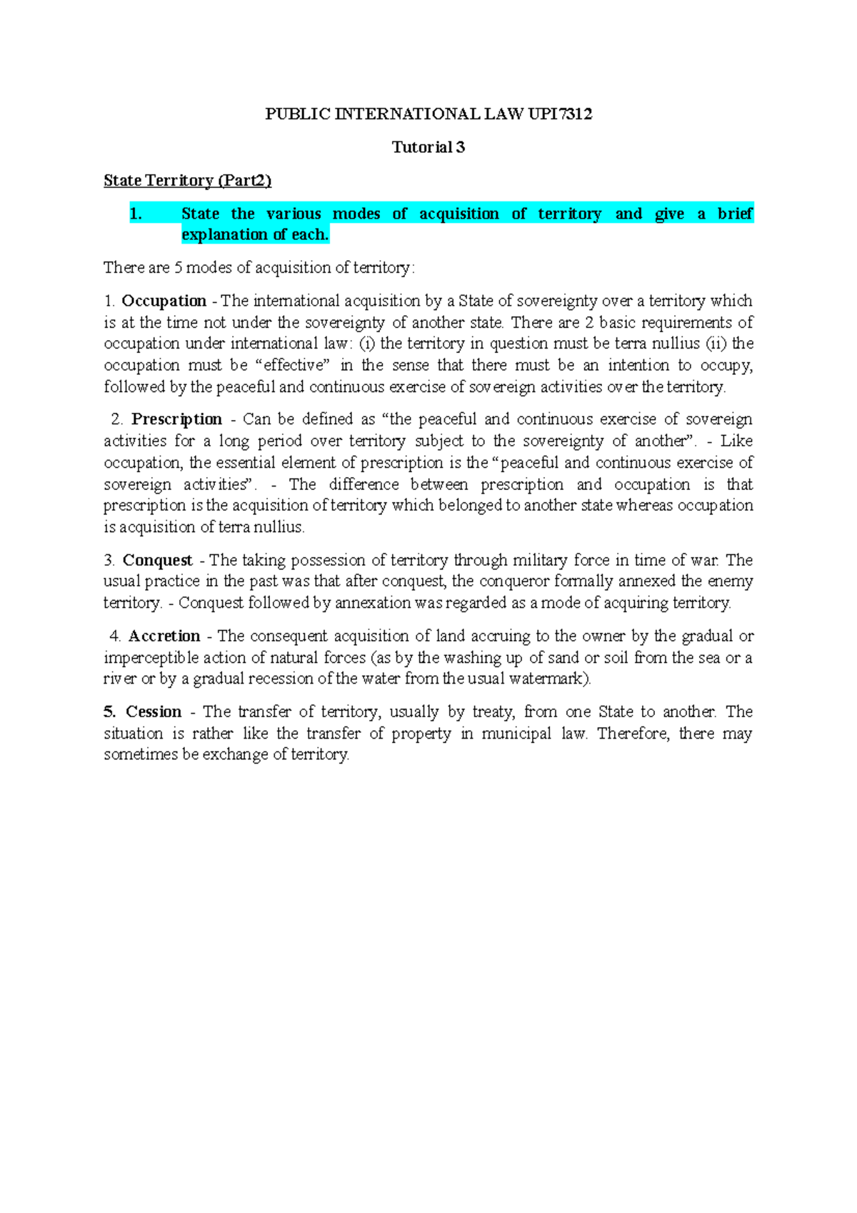 Tutorial 3 PIL - PUBLIC INTERNATIONAL LAW UPI Tutorial 3 State ...