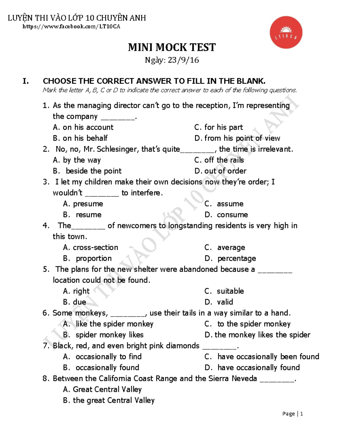 [23.9.16] Mini Mock Test - facebook/LT10CA MINI MOCK TEST Ngày: 23/9/ I ...