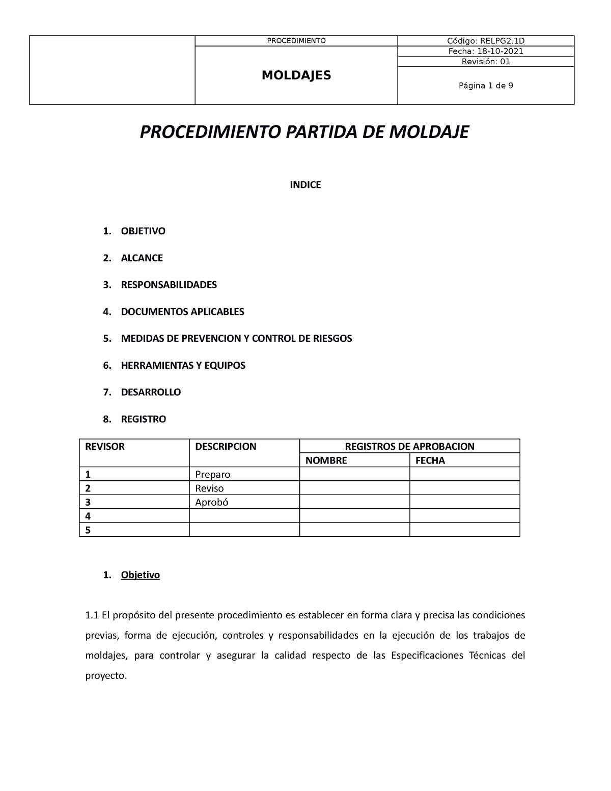 Procedimiento Moldaje - MOLDAJES Fecha: 18-10- Revisión: 01 Página 1 De ...