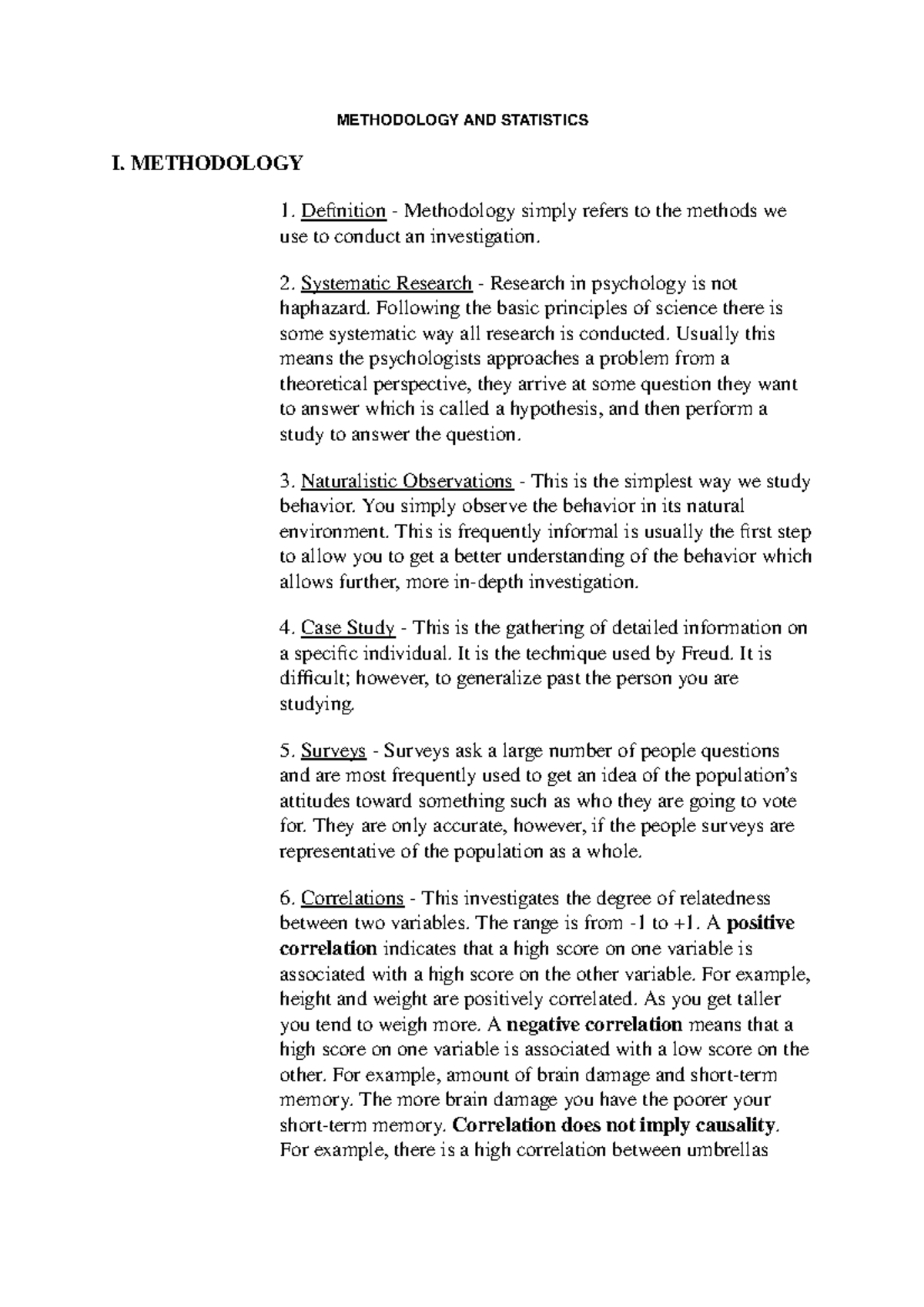 Methodology AND Statistics Notes - METHODOLOGY AND STATISTICS I ...