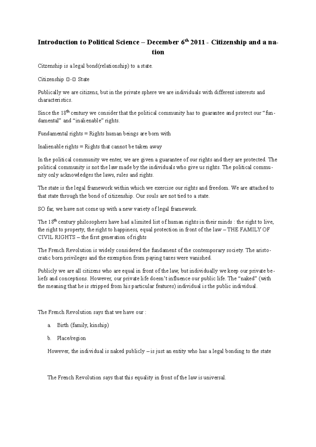 Introduction to Political Science – December 6th 2011 - Citizenship and ...
