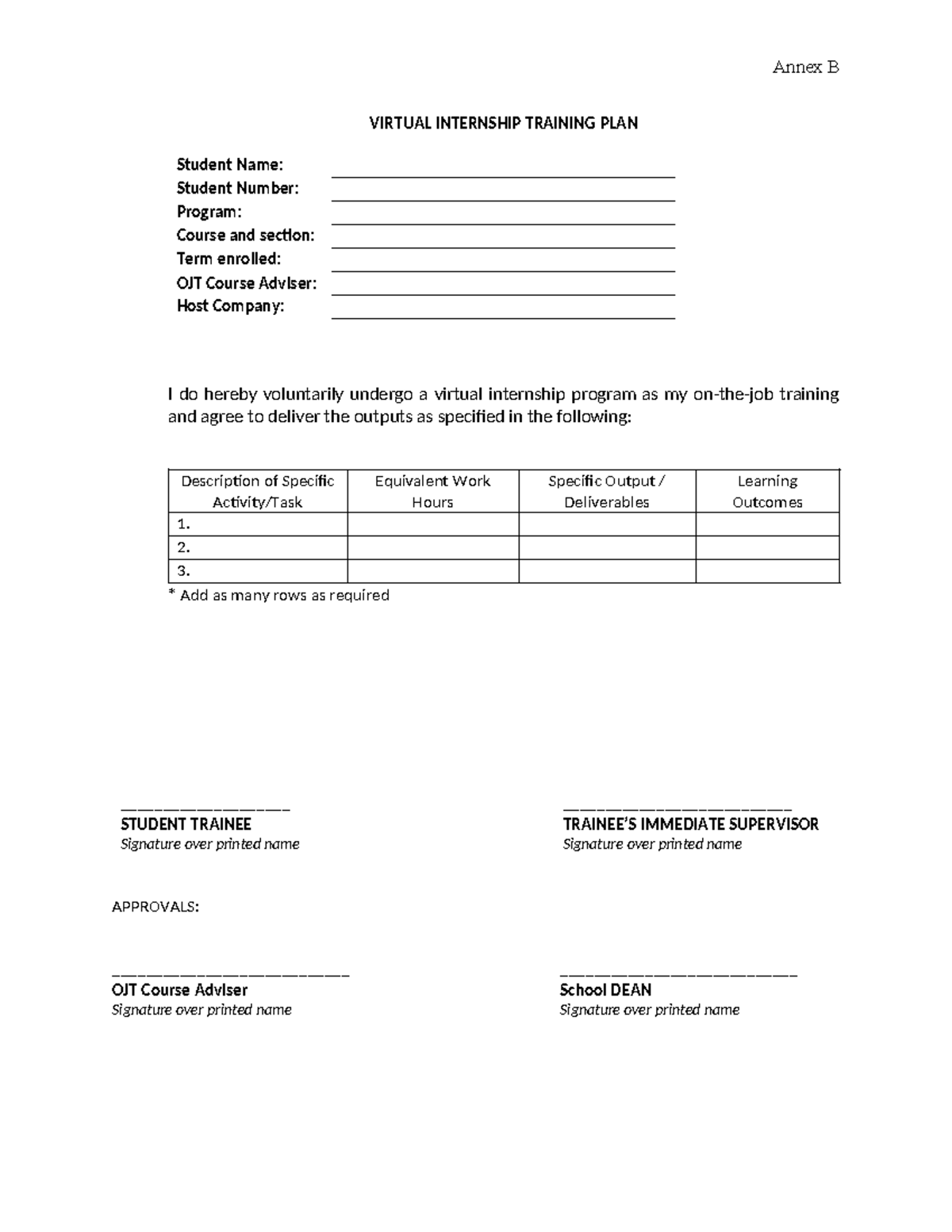 Annex B. Training PLAN - Annex B VIRTUAL INTERNSHIP TRAINING PLAN ...