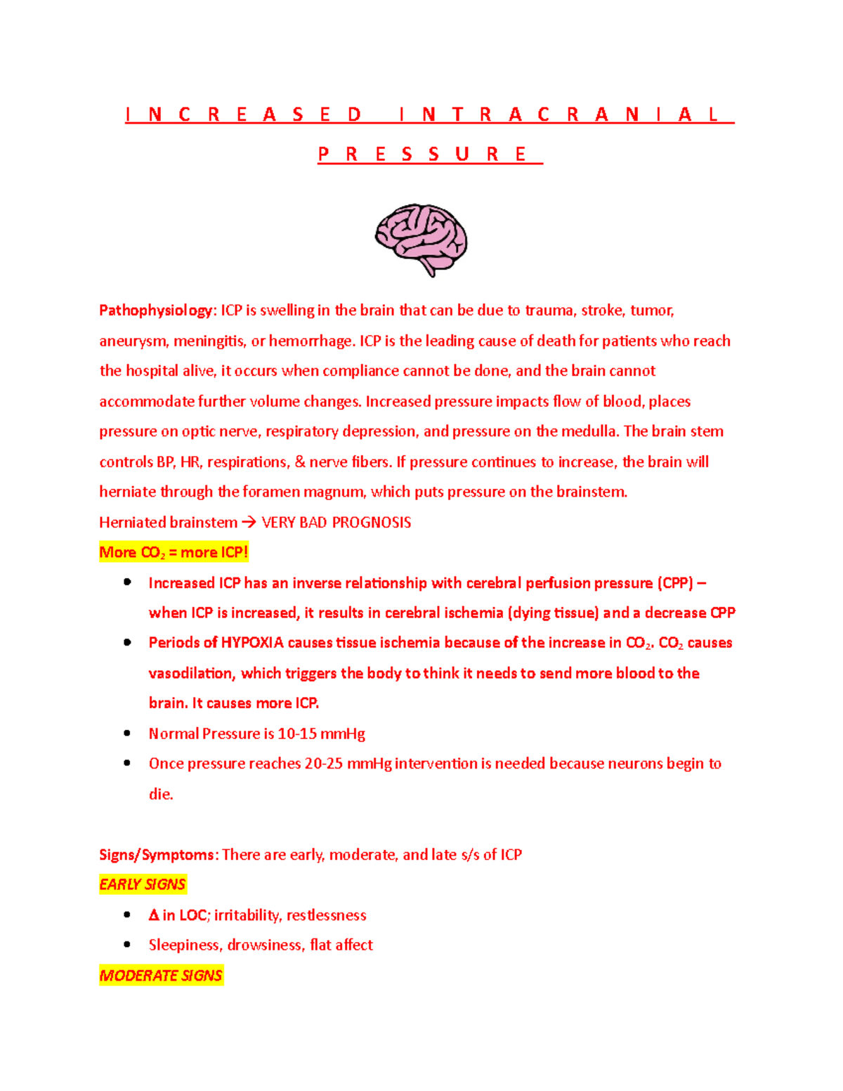 ICP - Increased Intracranial Pressure Notes - I N C R E A S E D I N T R ...