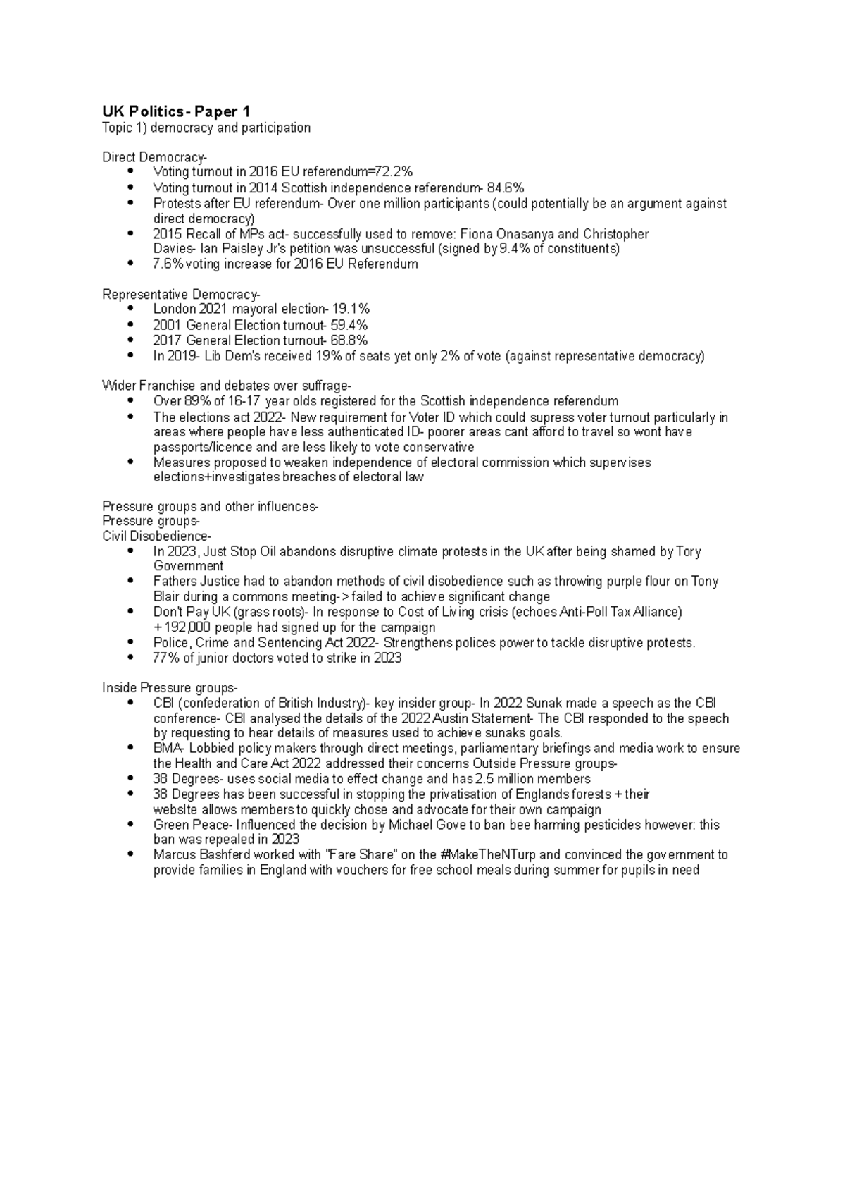 Paper 1 examples UK Politics Paper 1 Topic 1) democracy and