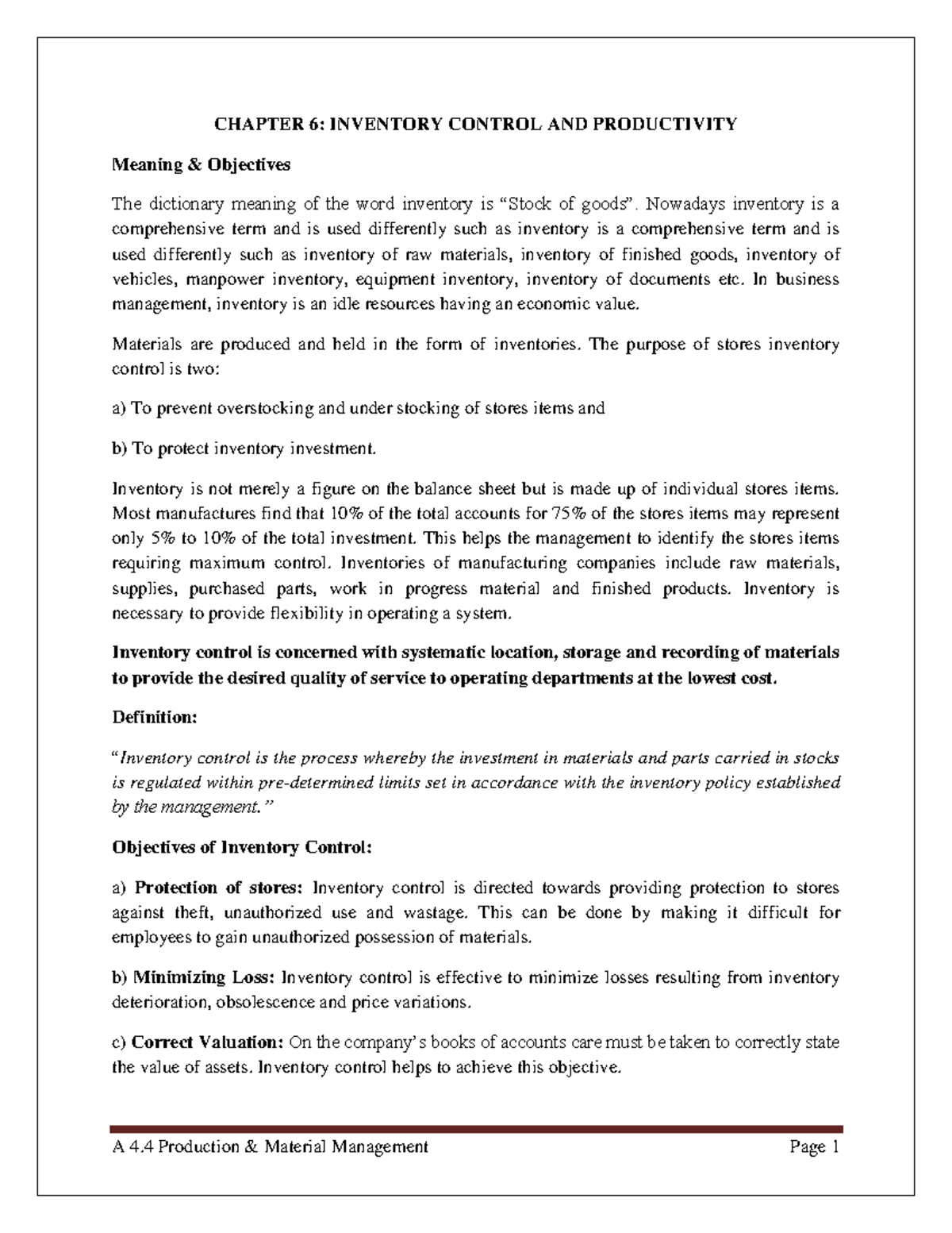 Chapter 6-Inventory Control - CHAPTER 6: INVENTORY CONTROL AND ...
