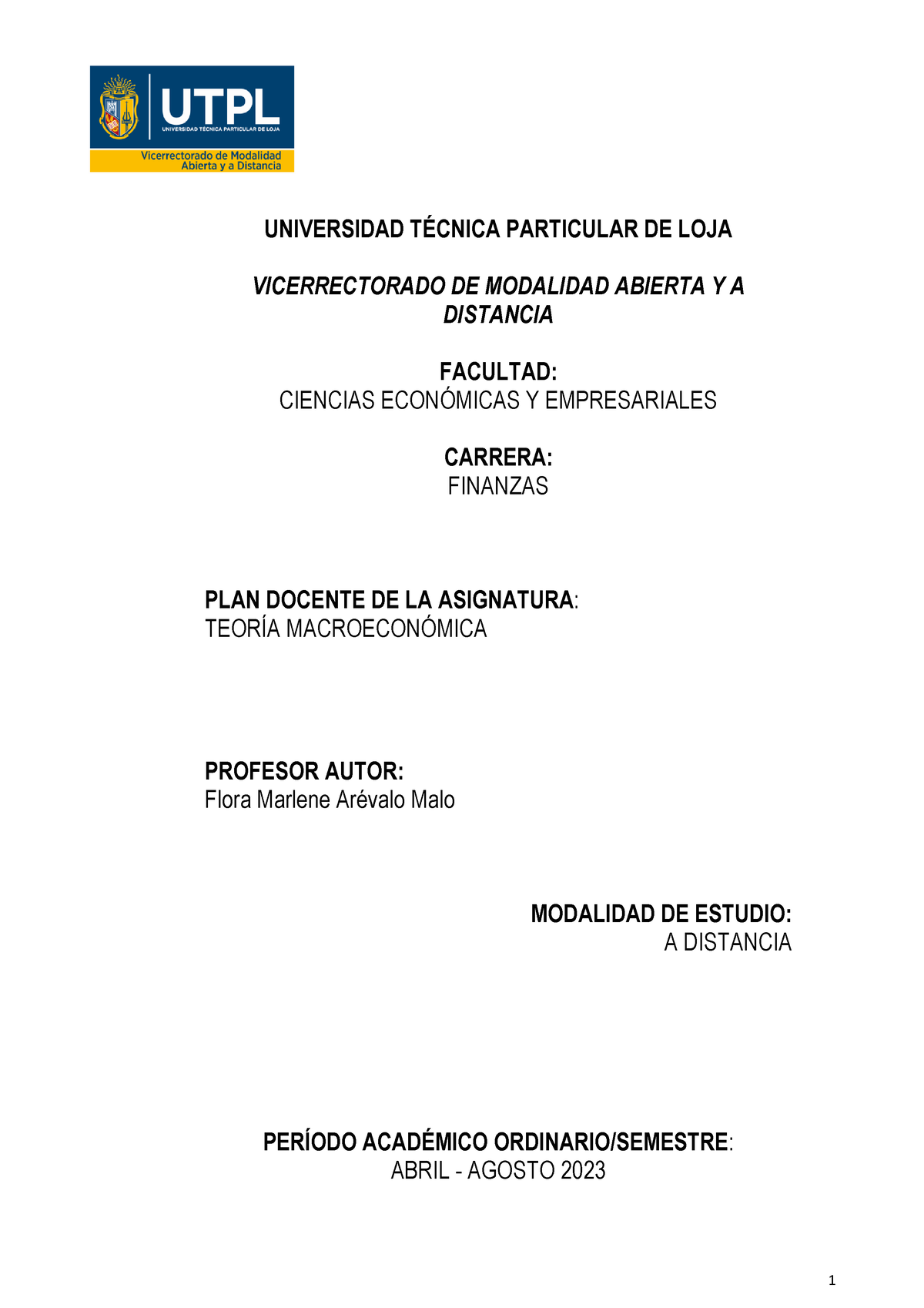 Teoria Macroeconomica PLAN Docente - Teoría Macroeconómica - UTPL - Studocu