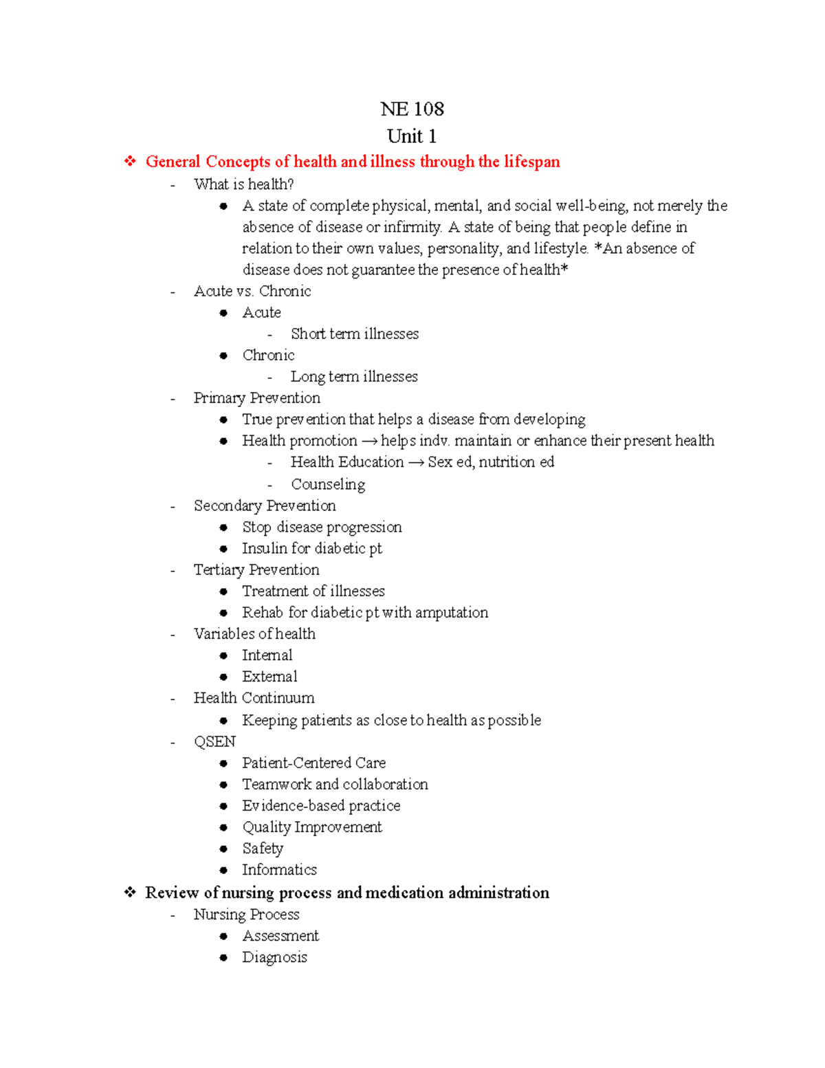 NE 108 Unit one notes - Basics of med-surg - NE 108 Unit 1 General ...