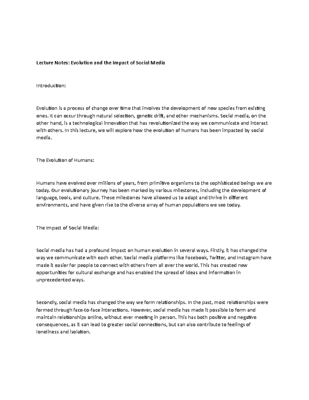 Lecture Notes: Evolution and the Impact of Social Media - Lecture Notes ...