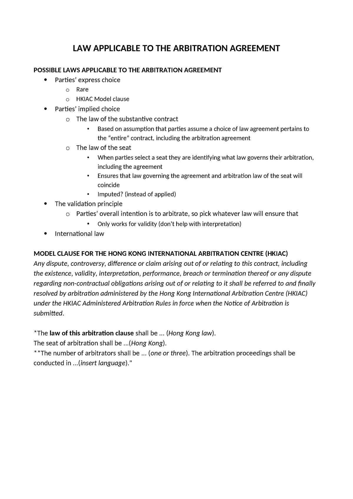 Lesson 11 - LAW APPLICABLE TO THE ARBITRATION AGREEMENT POSSIBLE LAWS ...