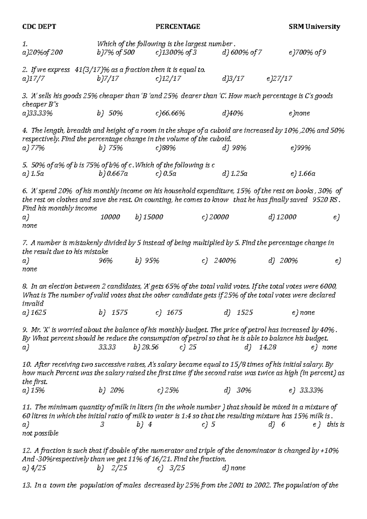 3.percentages Calculation - CDC DEPT PERCENTAGE SRM University Which of ...