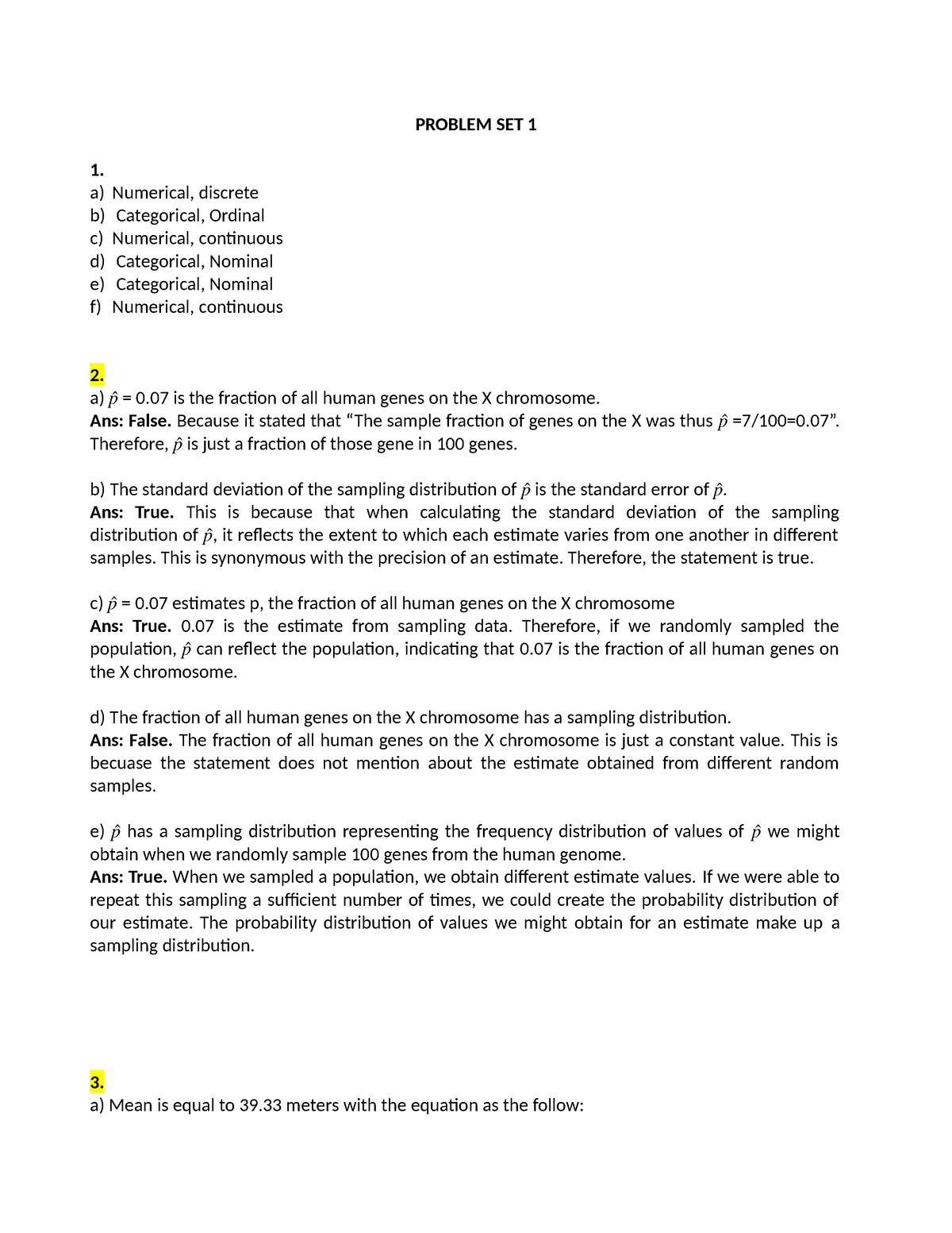 Problem Set 1 - Machine Learning - PROBLEM SET 1 1. A) Numerical ...