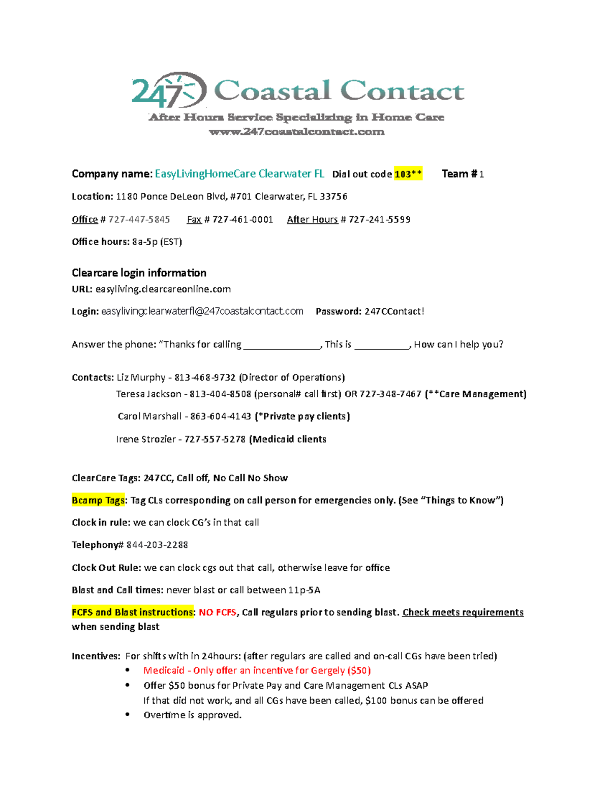 Easy Living Home Care Cheat Sheet Company name EasyLivingHomeCare