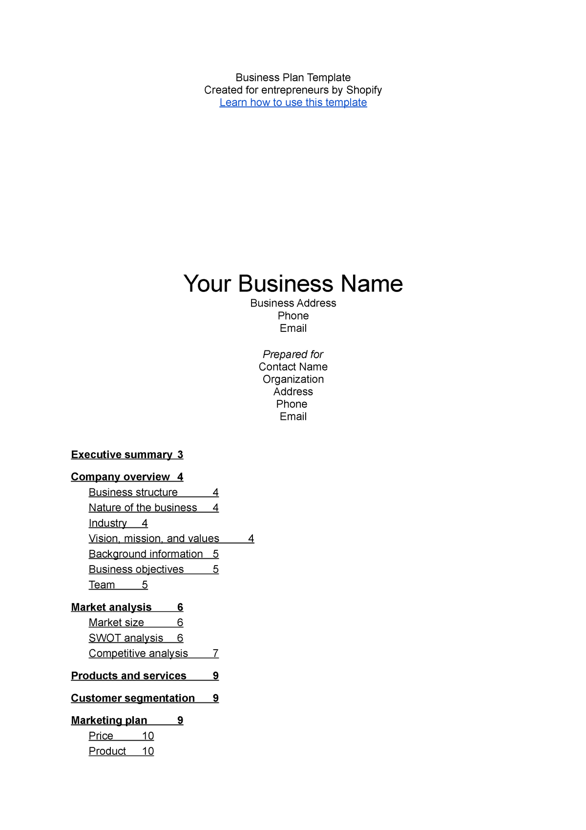 shopify business plan template