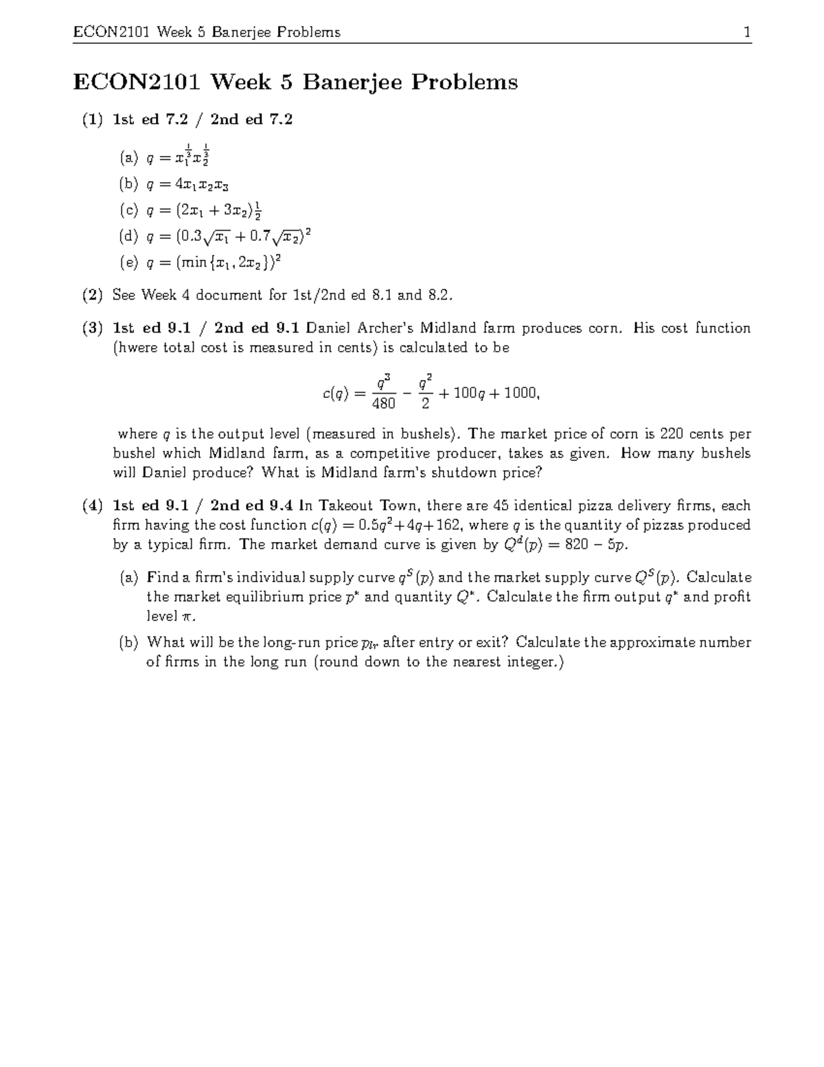 ECON2101 Week 5 Problems - ECON2101 Week 5 Banerjee Problems 1 ECON2101 ...