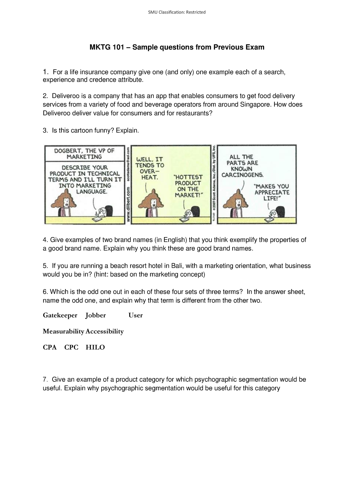 MKTG 101 - Sample Questions - SMU Classification: Restricted MKTG 101 ...