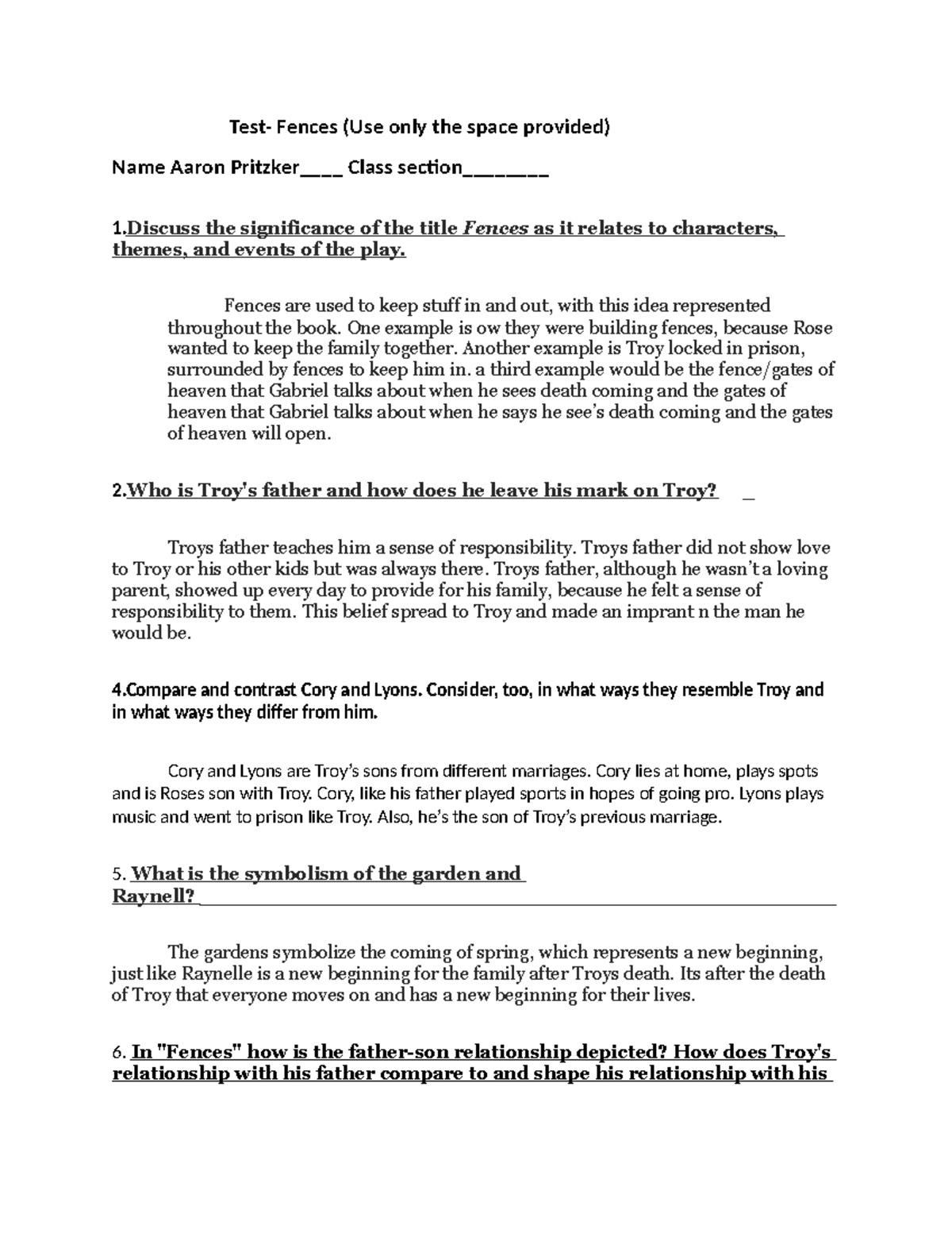 Fences Test - fneces test guide - Test- Fences (Use only the space ...