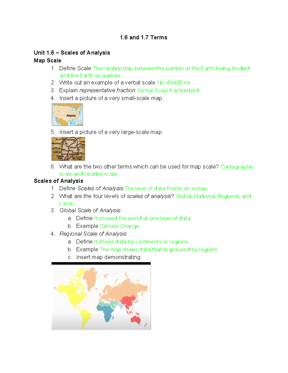 Vocabulary Terms 1 and 1 Terms Unit 1 Scales of Analysis Map Scale